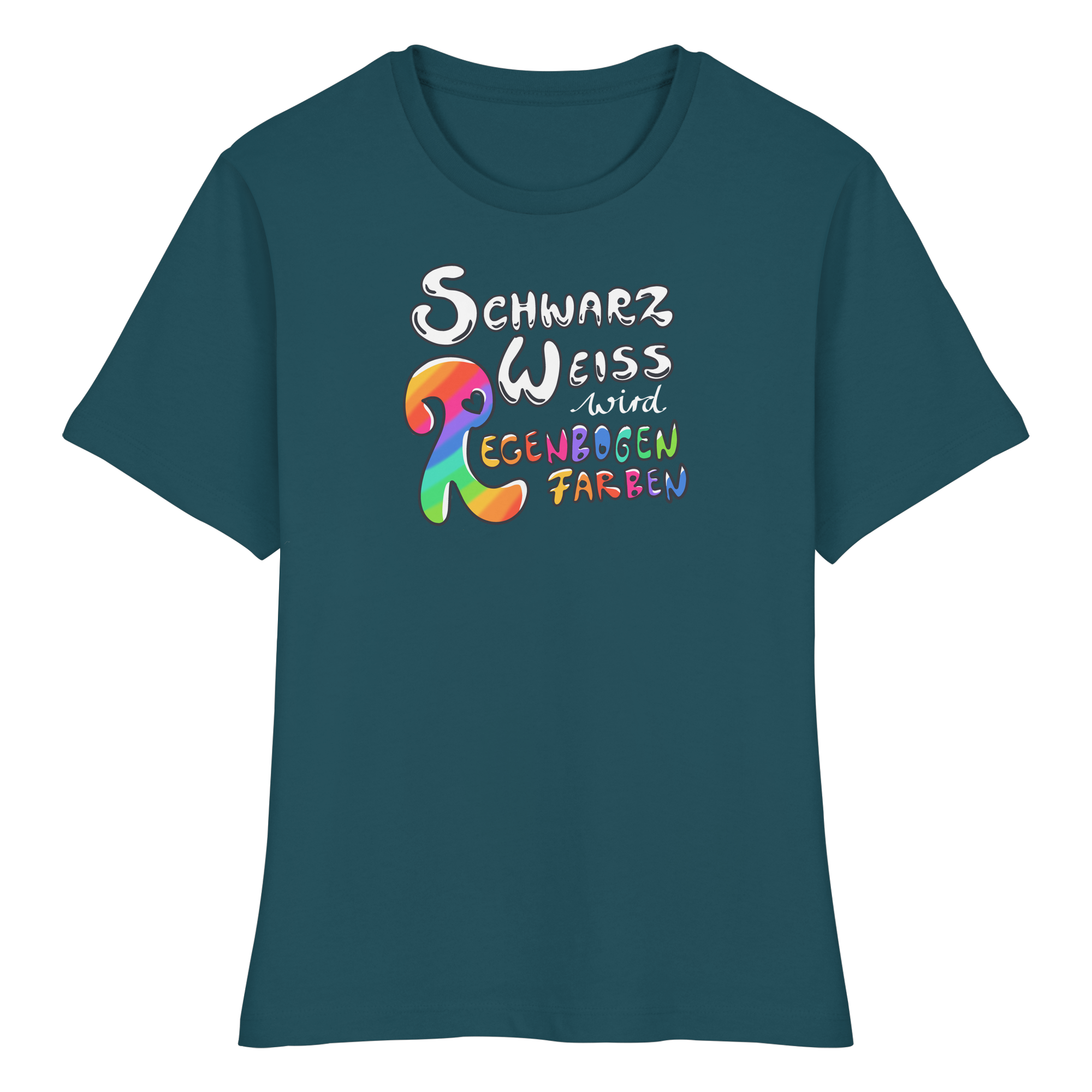 Schwarz Weiß wird Regenbogen Farben Frontprint (dunkel) - Fitted Ladies Organic Shirt