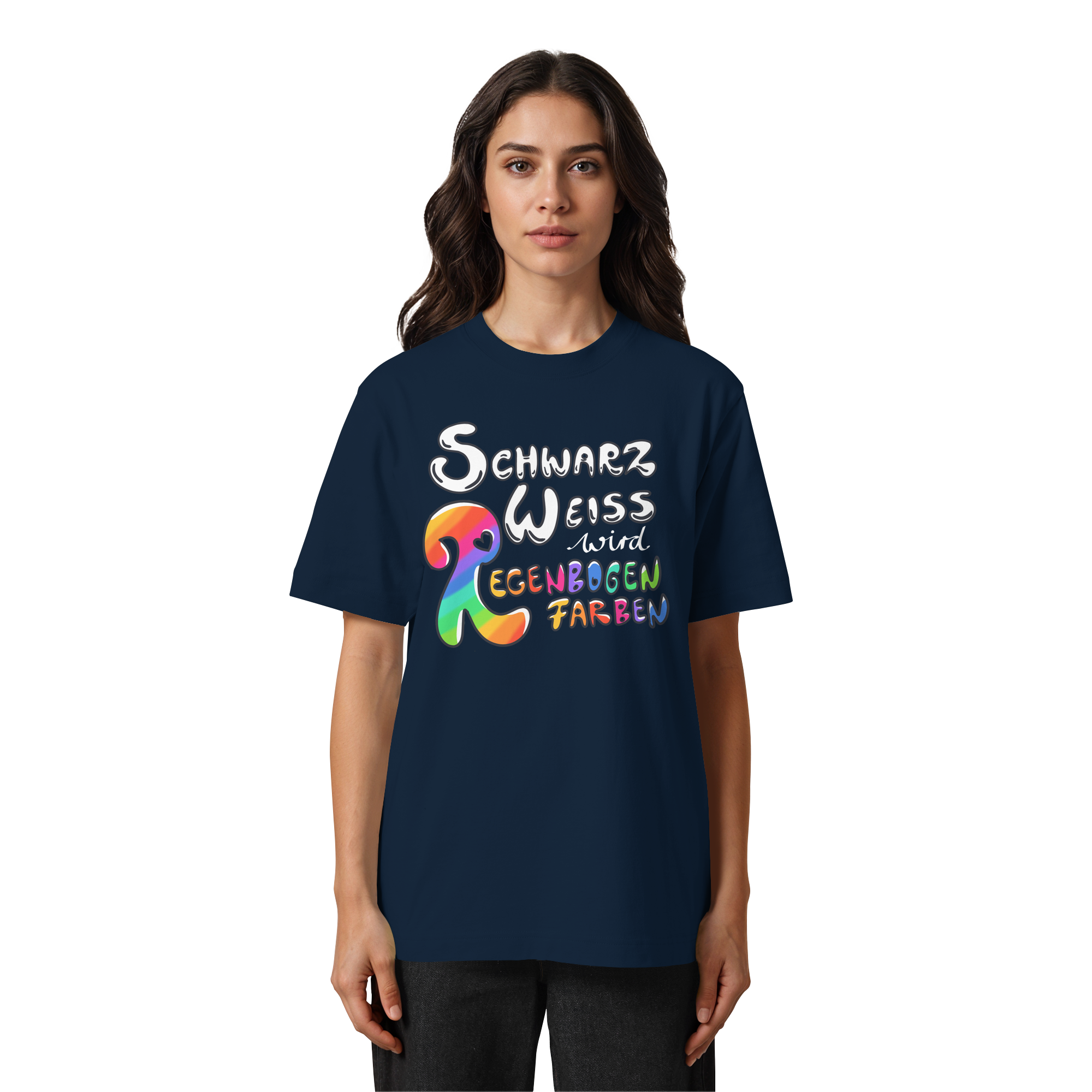 Schwarz Weiß wird Regenbogen Farben Frontprint (dunkel) - Heavy Oversized Organic Shirt