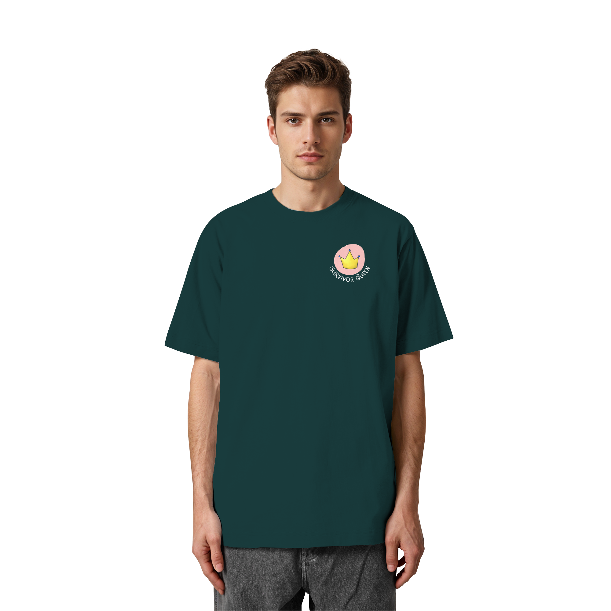 Survivor Queens Logo mit "Mein Körper gehört mir" Backprint (dunkel) - Heavy Oversized Organic Shirt