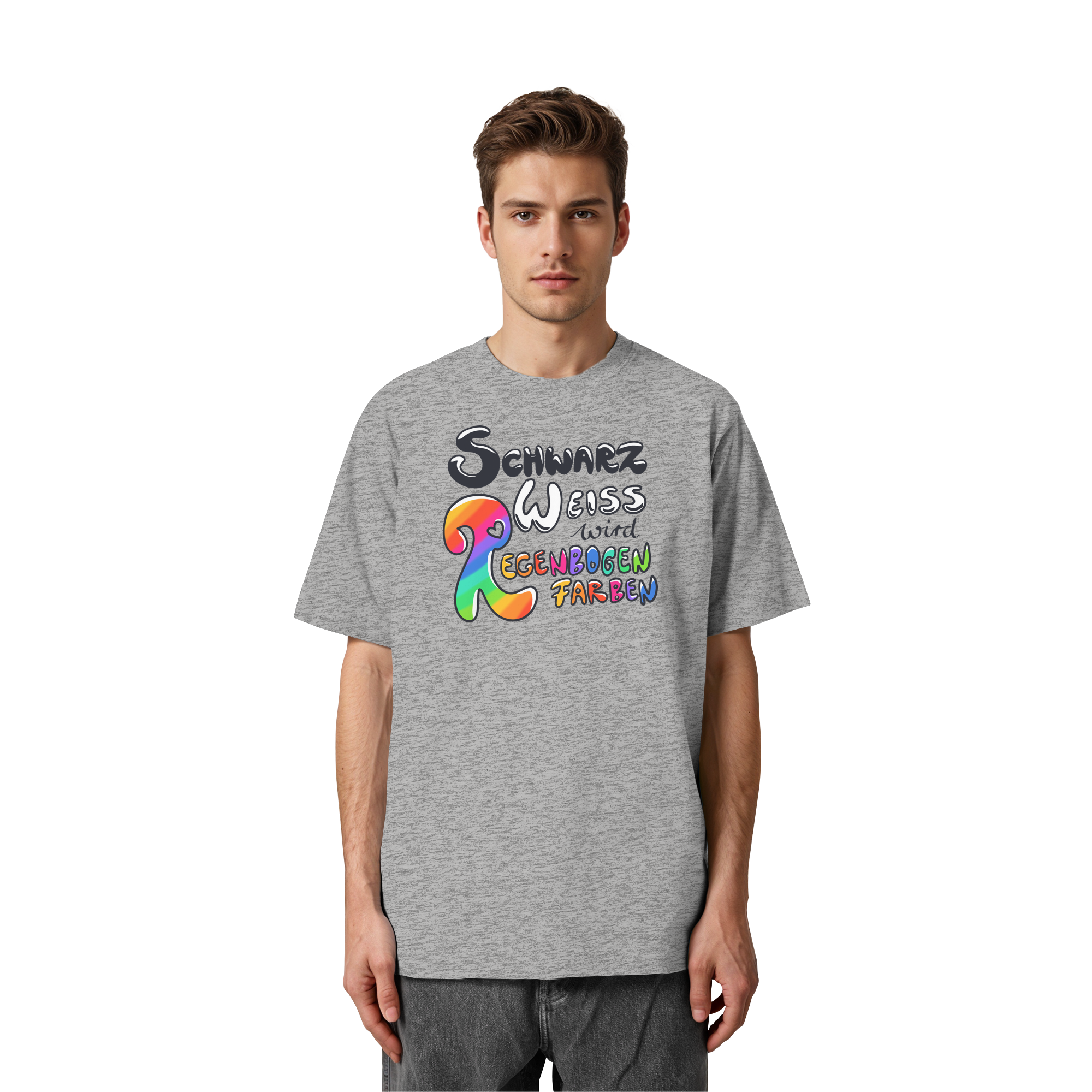 Schwarz Weiß wird Regenbogen Farben Frontprint (hell) - Heavy Oversized Organic Shirt