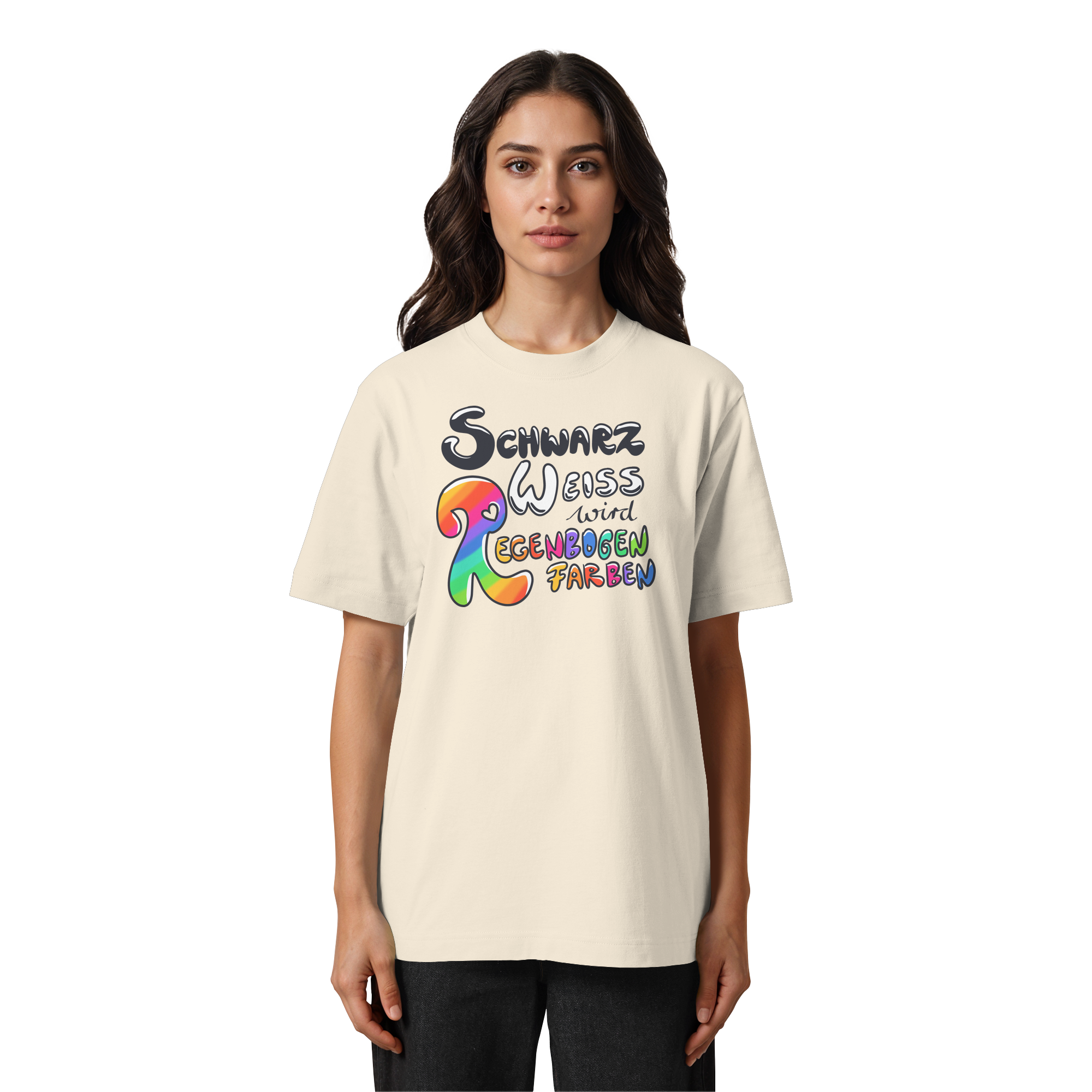 Schwarz Weiß wird Regenbogen Farben Frontprint (hell) - Heavy Oversized Organic Shirt
