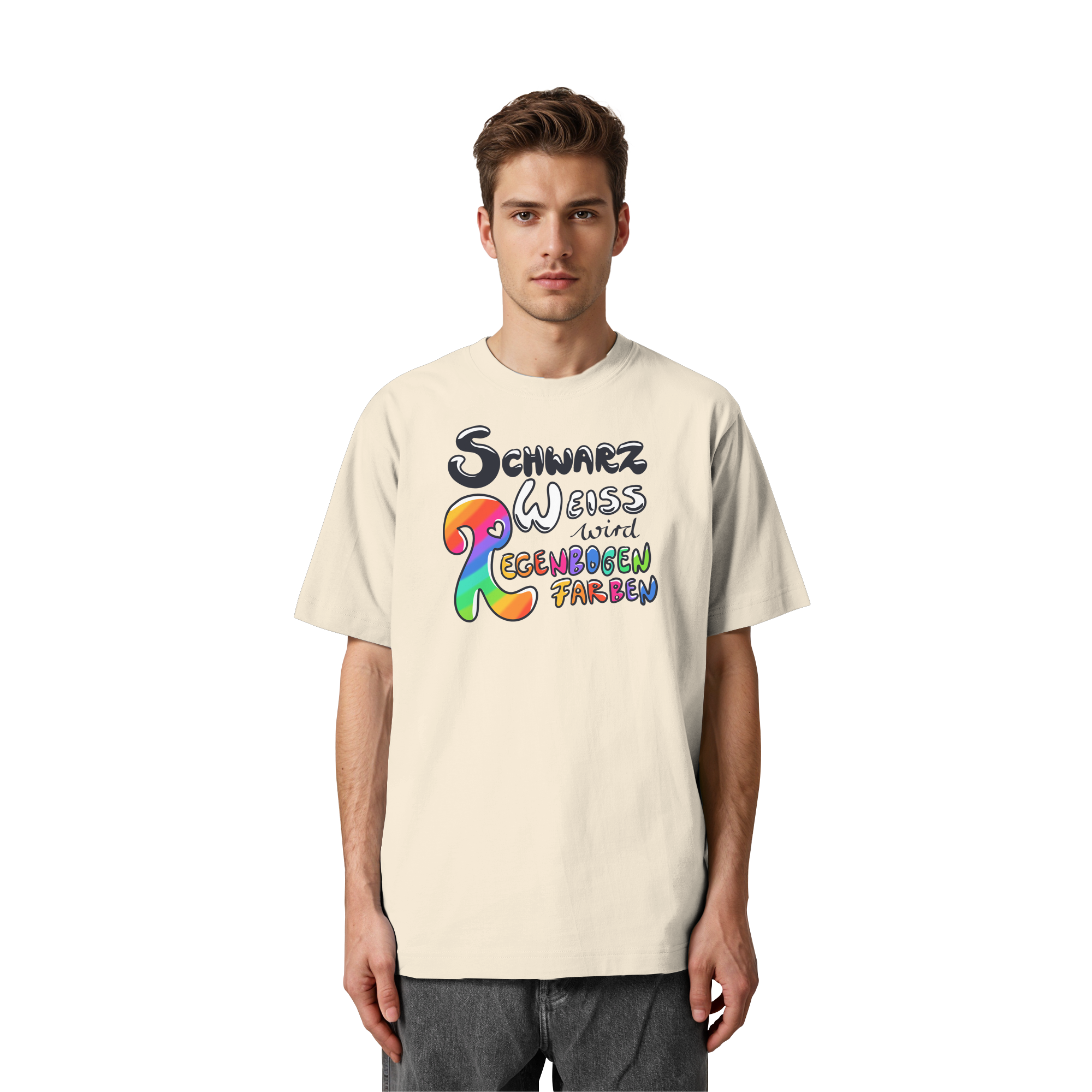 Schwarz Weiß wird Regenbogen Farben Frontprint (hell) - Heavy Oversized Organic Shirt