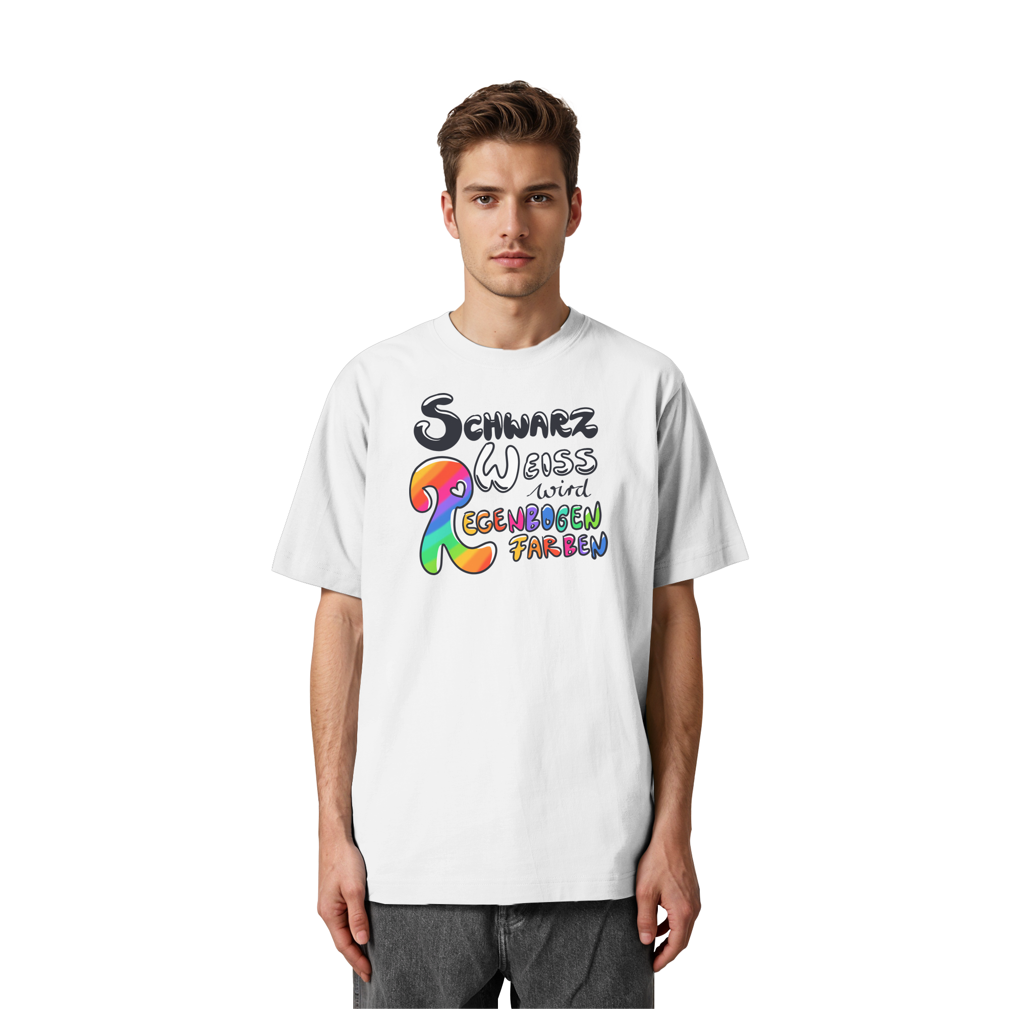 Schwarz Weiß wird Regenbogen Farben Frontprint (hell) - Heavy Oversized Organic Shirt