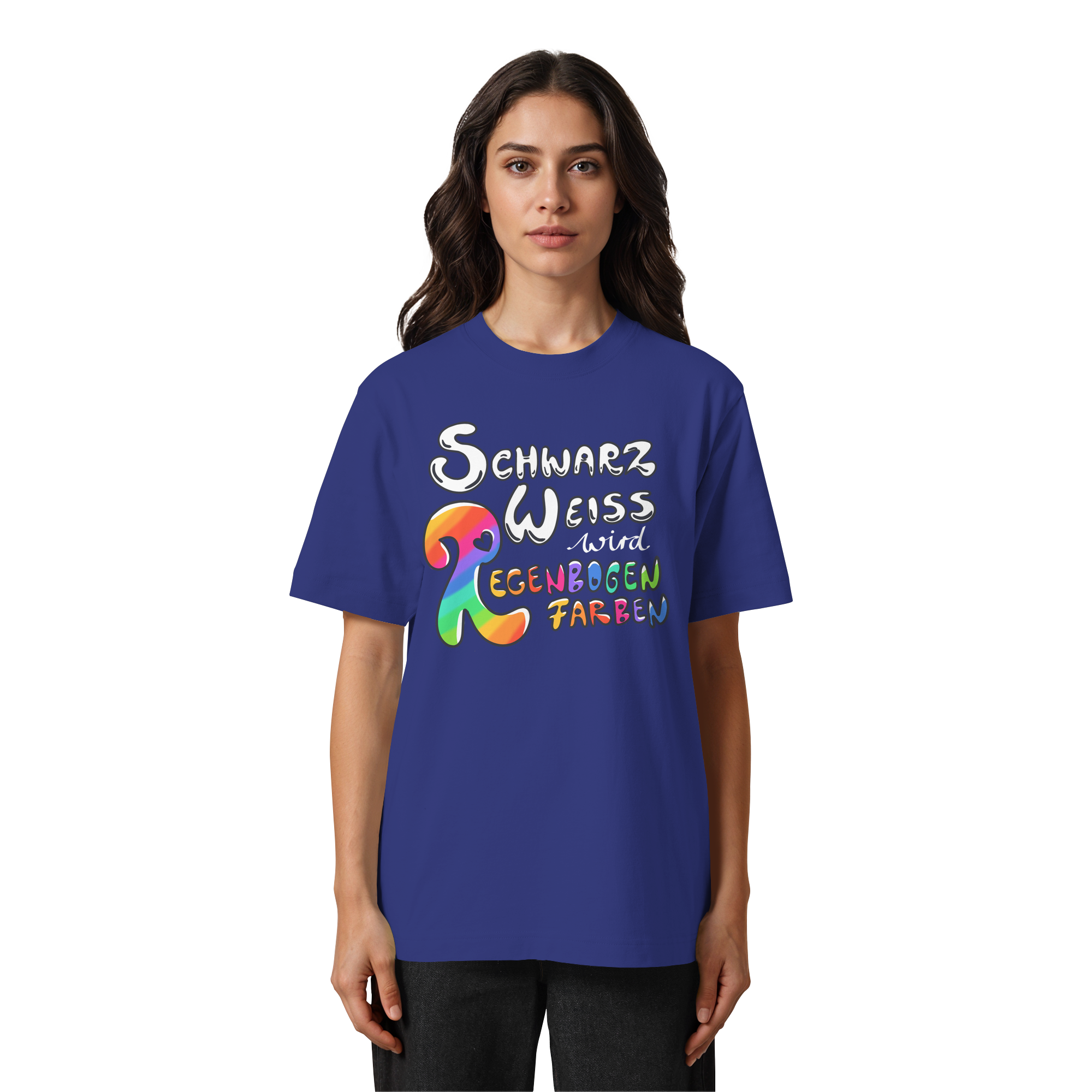 Schwarz Weiß wird Regenbogen Farben Frontprint (dunkel) - Heavy Oversized Organic Shirt