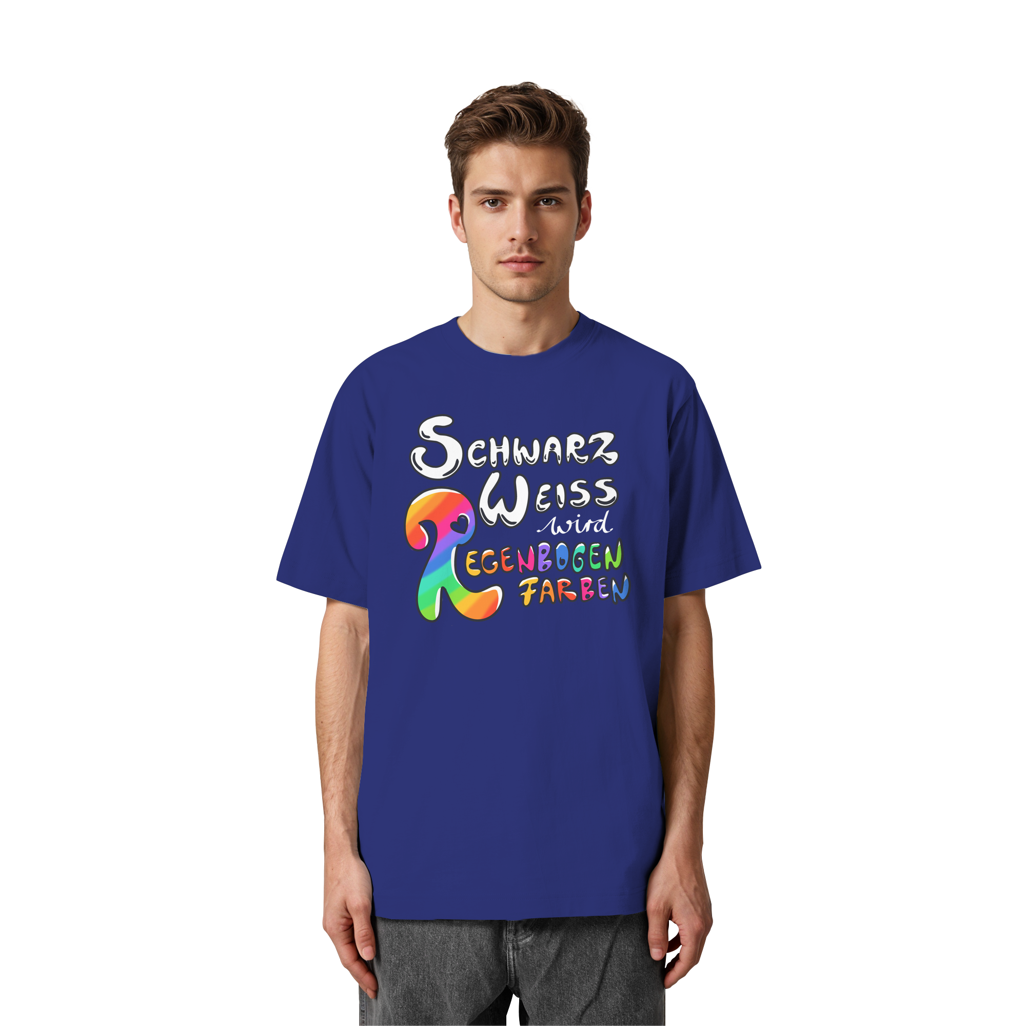 Schwarz Weiß wird Regenbogen Farben Frontprint (dunkel) - Heavy Oversized Organic Shirt