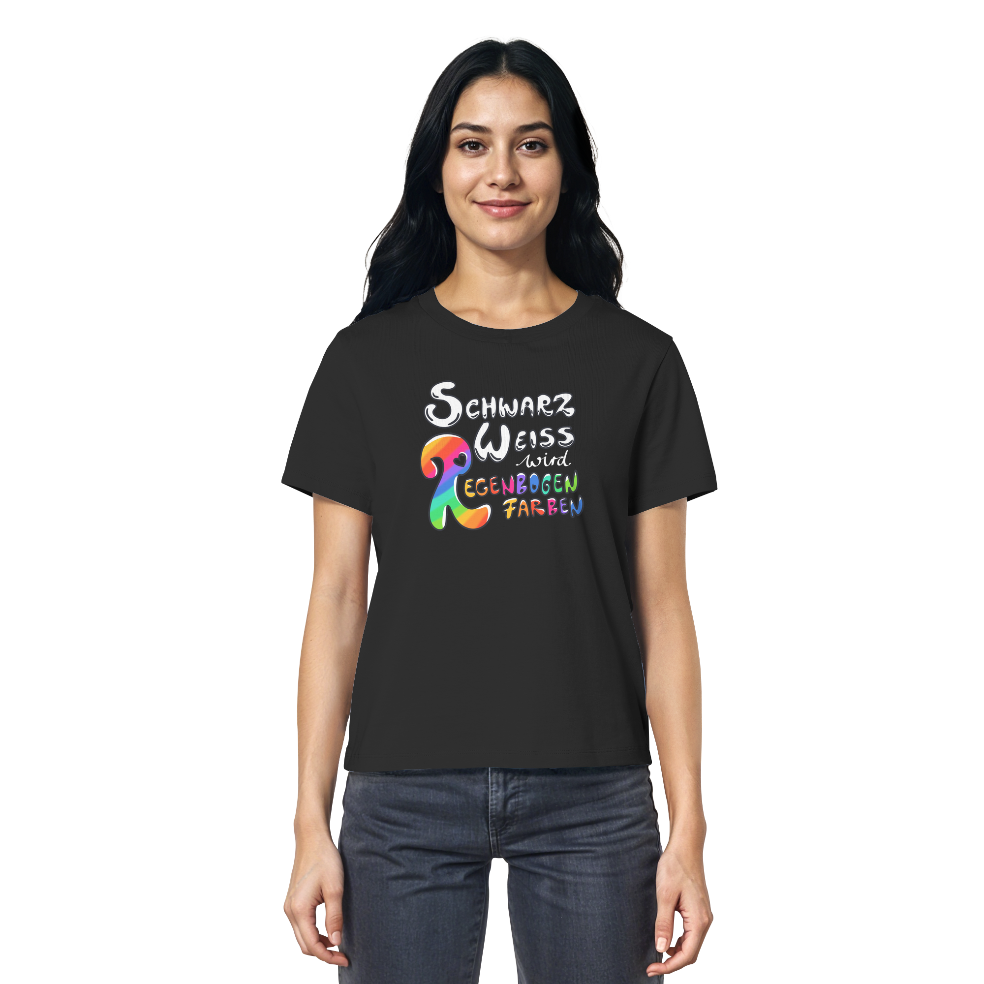 Schwarz Weiß wird Regenbogen Farben Frontprint (dunkel) - Ladies Organic Shirt