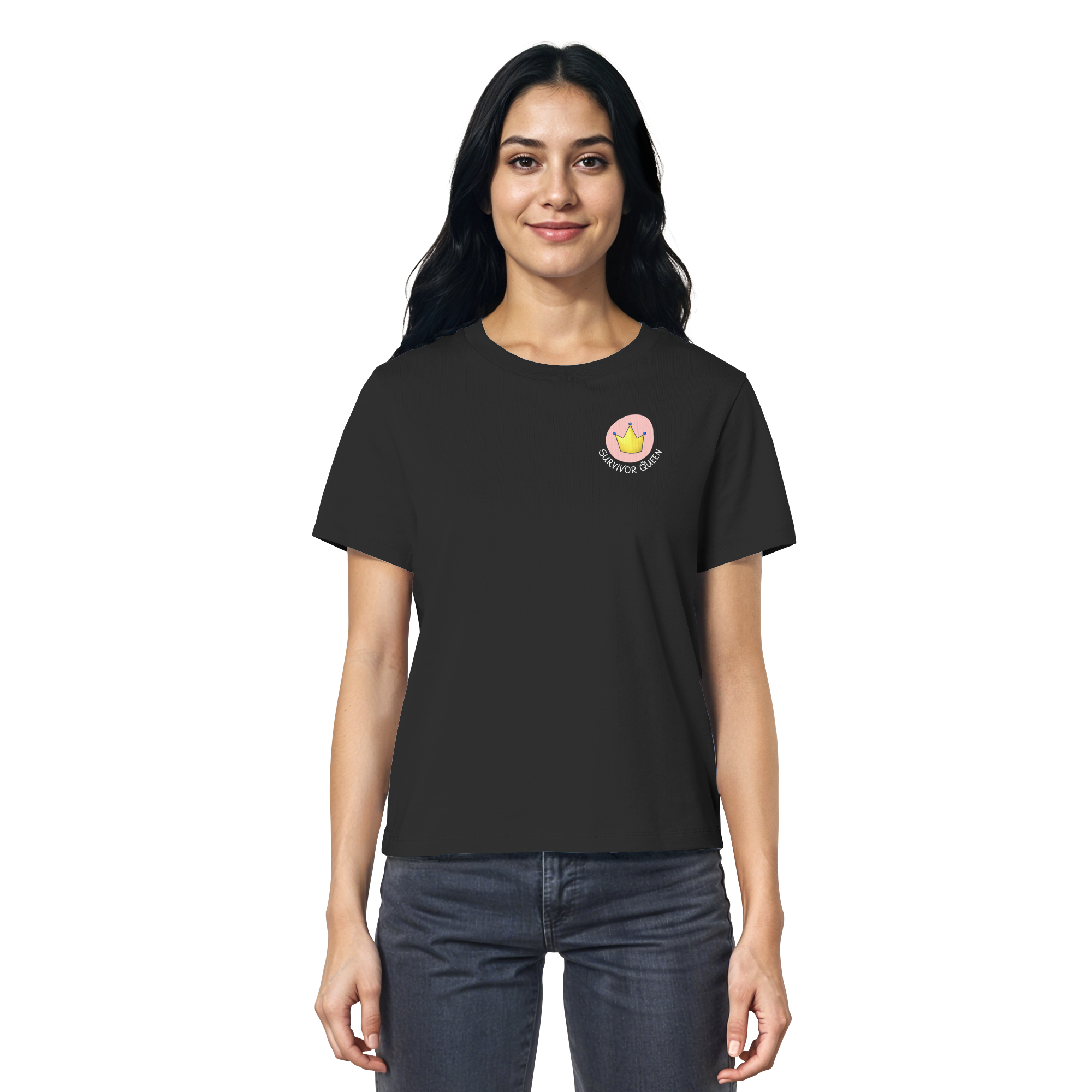 Survivor Queens Logo "Schriftzug Edition" mit Seelenmännchen "Selbstverteidigung Edition" Backprint (dunkel) - Ladies Organic Shirt
