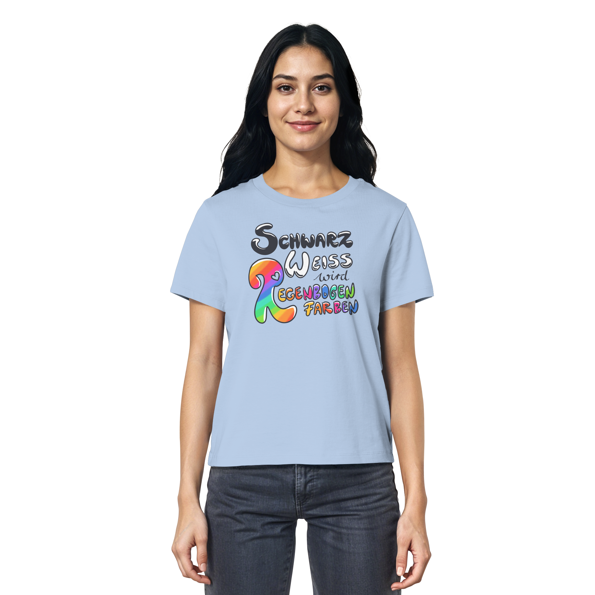 Schwarz Weiß wird Regenbogen Farben Frontprint (hell) - Ladies Organic Shirt