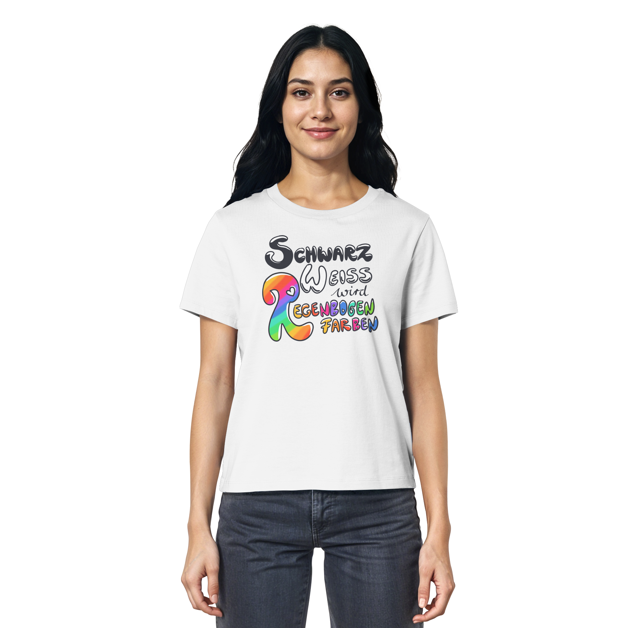 Schwarz Weiß wird Regenbogen Farben Frontprint (hell) - Ladies Organic Shirt