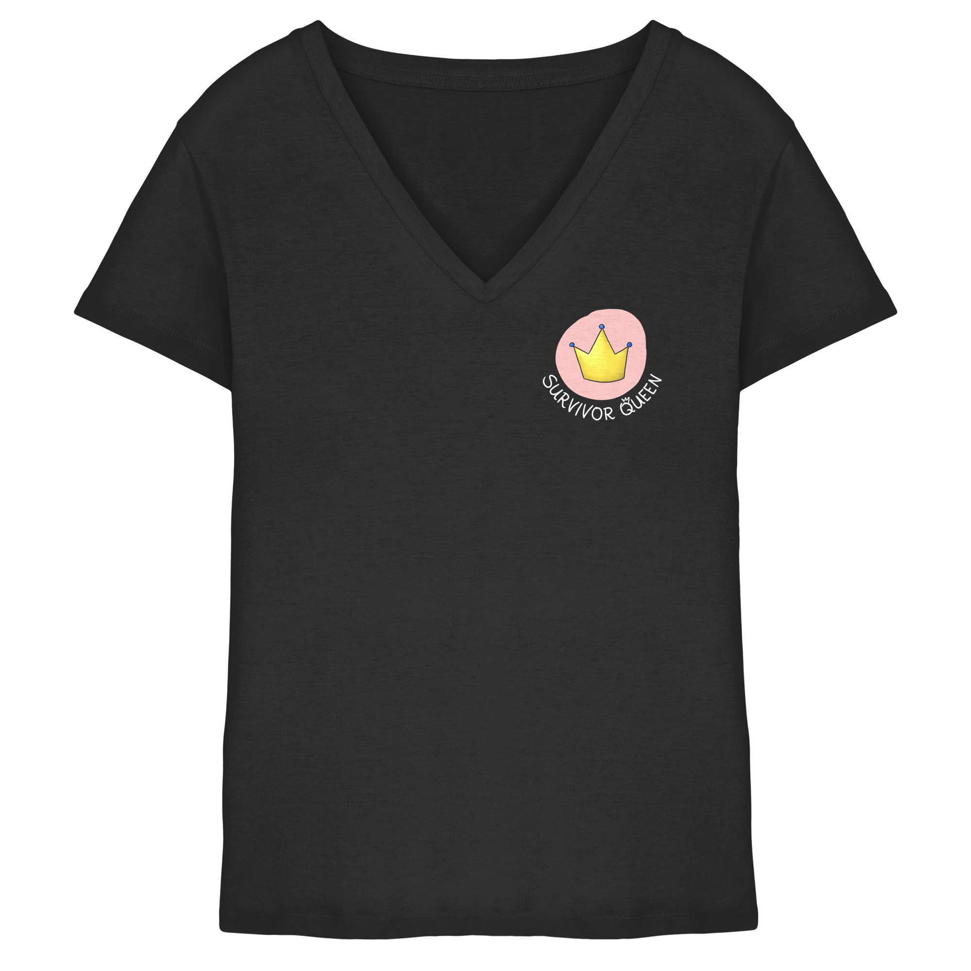 Survivor Queens Logo mit "Mein Körper gehört mir" Backprint (dunkel) - Ladies V-Neck Shirt