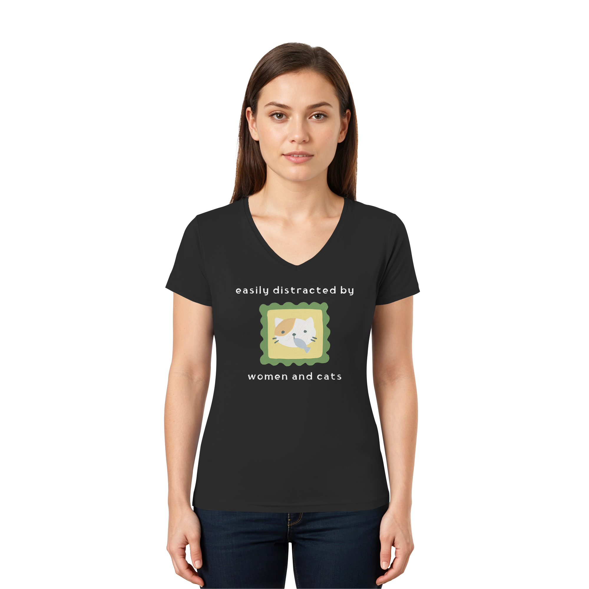 Easily Distracted by Women and Cats - Ladies V-Neck Shirt