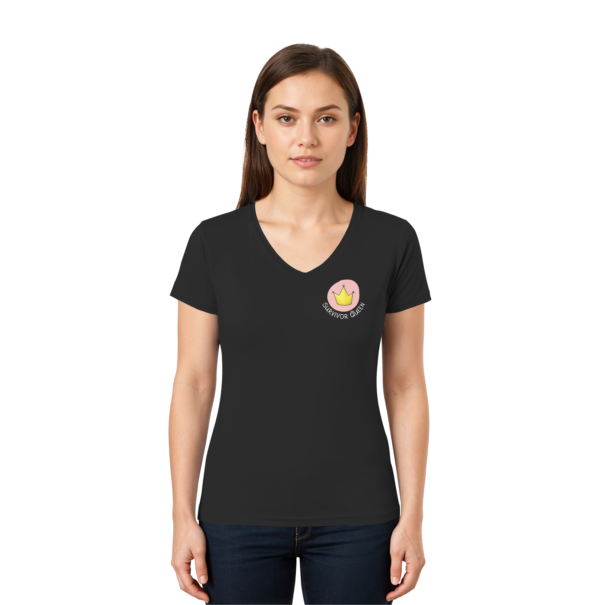 Survivor Queens Logo mit "Mein Körper gehört mir" Backprint (dunkel) - Ladies V-Neck Shirt