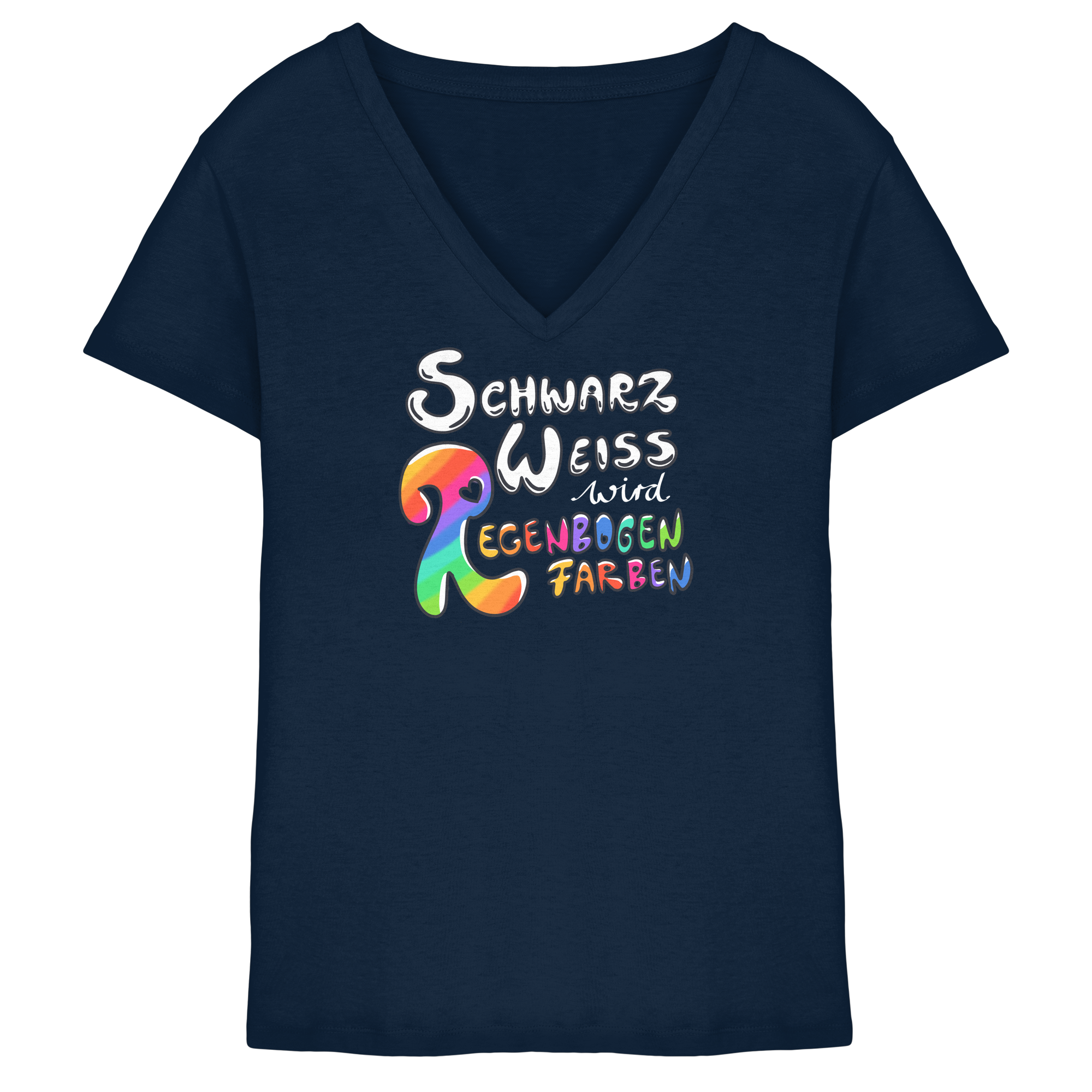 Schwarz Weiß wird Regenbogen Farben Frontprint (dunkel) - Ladies V-Neck Shirt