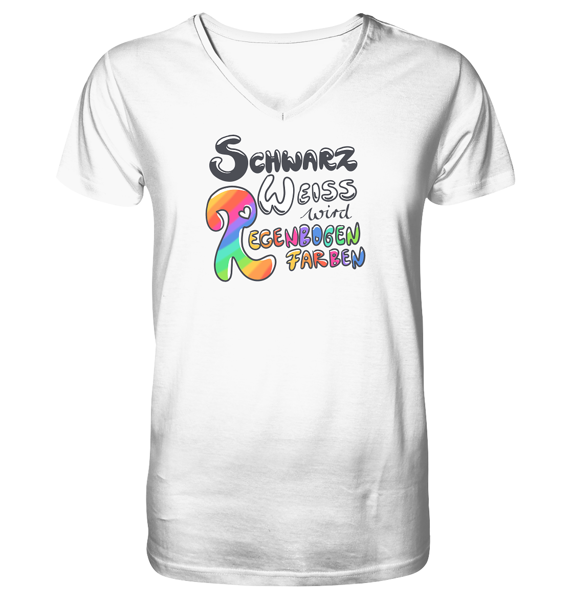 Schwarz Weiß wird Regenbogen Farben Frontprint (hell) - Mens Organic V-Neck Shirt