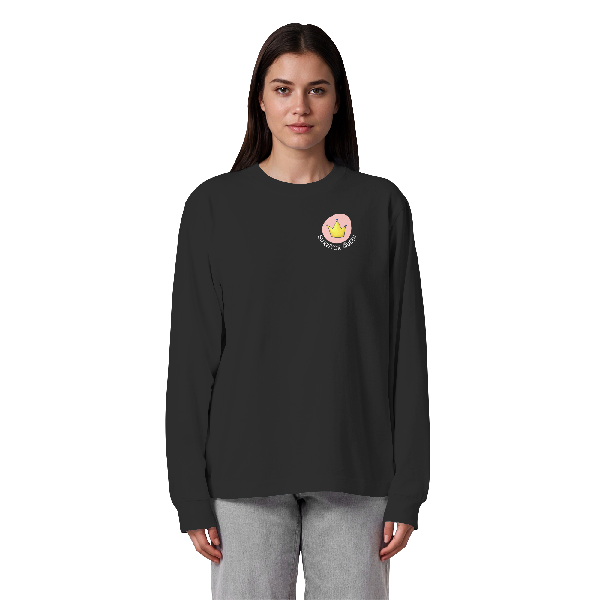 Survivor Queens Logo mit "Mein Körper gehört mir" Backprint (dunkel) - Organic Heavy Oversized Longsleeve T-Shirt