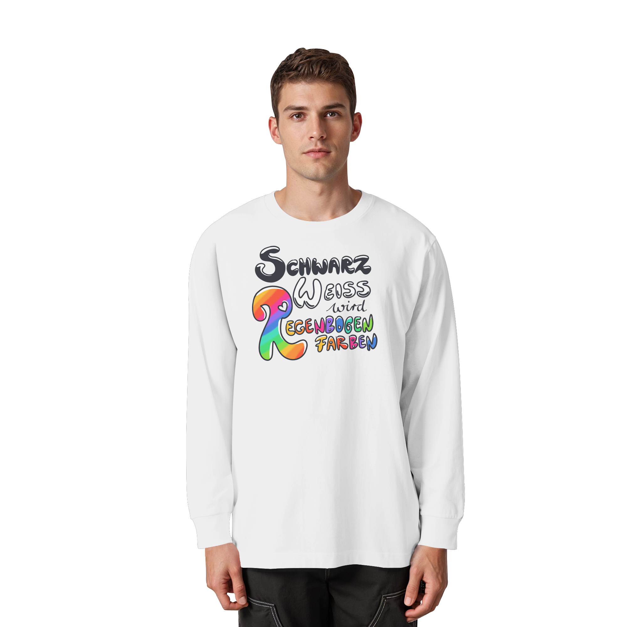 Schwarz Weiß wird Regenbogen Farben Frontprint (hell) - Organic Heavy Oversized Longsleeve T-Shirt