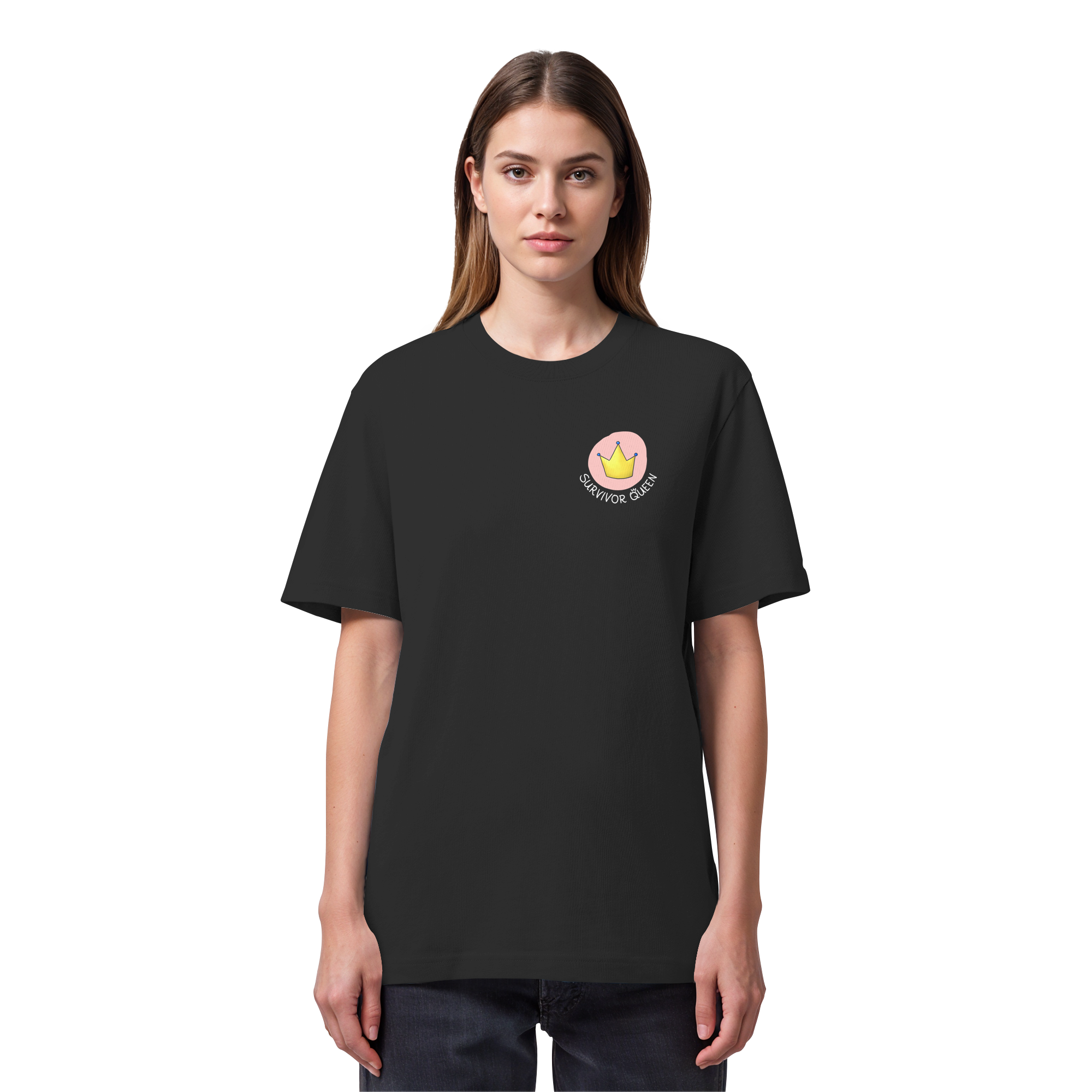 Survivor Queens Logo mit "Mein Körper gehört mir" Backprint (dunkel) - Organic Heavy T-Shirt