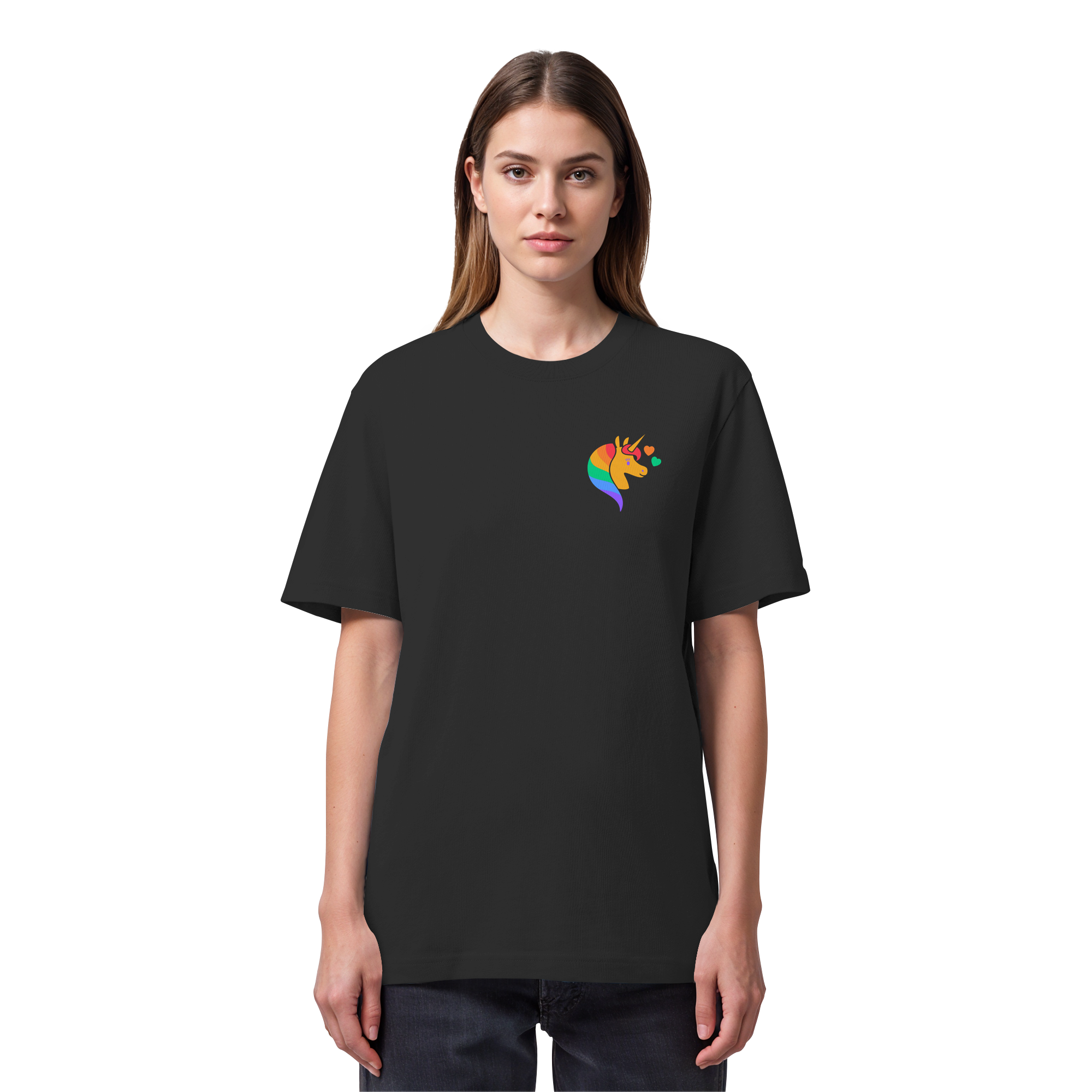 Regenbogen Einhorn mit Herzen - Organic Heavy T-Shirt