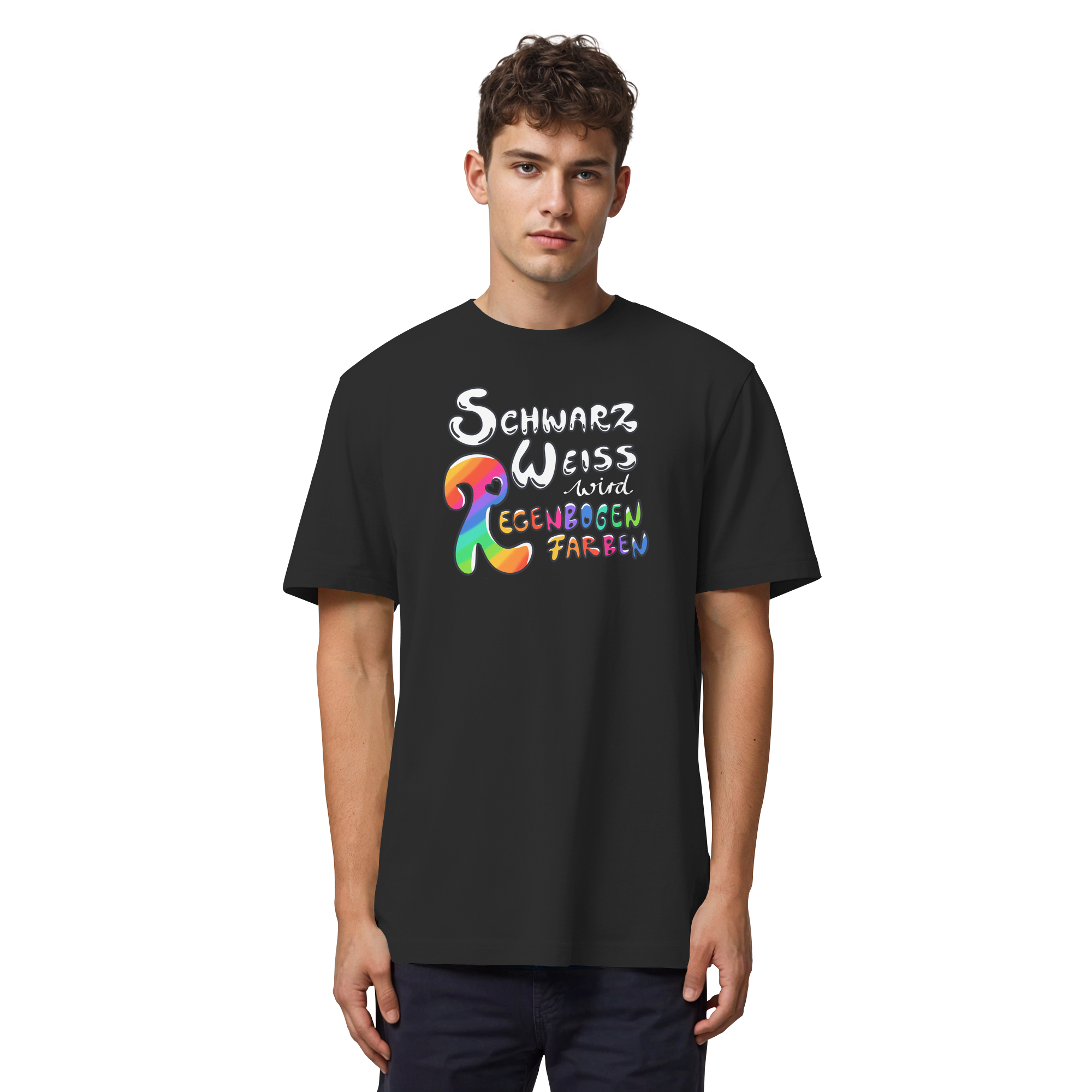 Schwarz Weiß wird Regenbogen Farben Frontprint (dunkel) - Organic Heavy T-Shirt