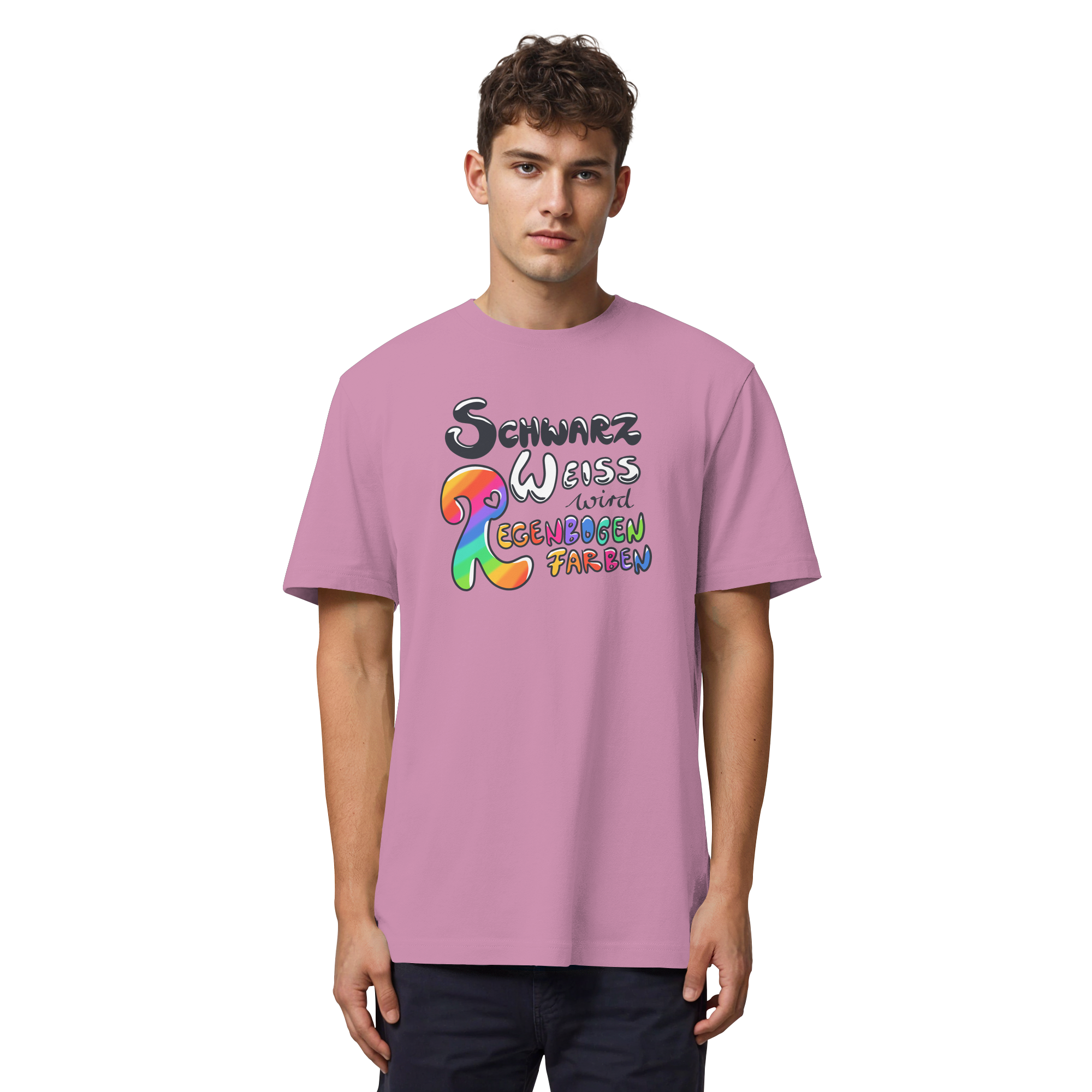 Schwarz Weiß wird Regenbogen Farben Frontprint (hell) - Organic Heavy T-Shirt