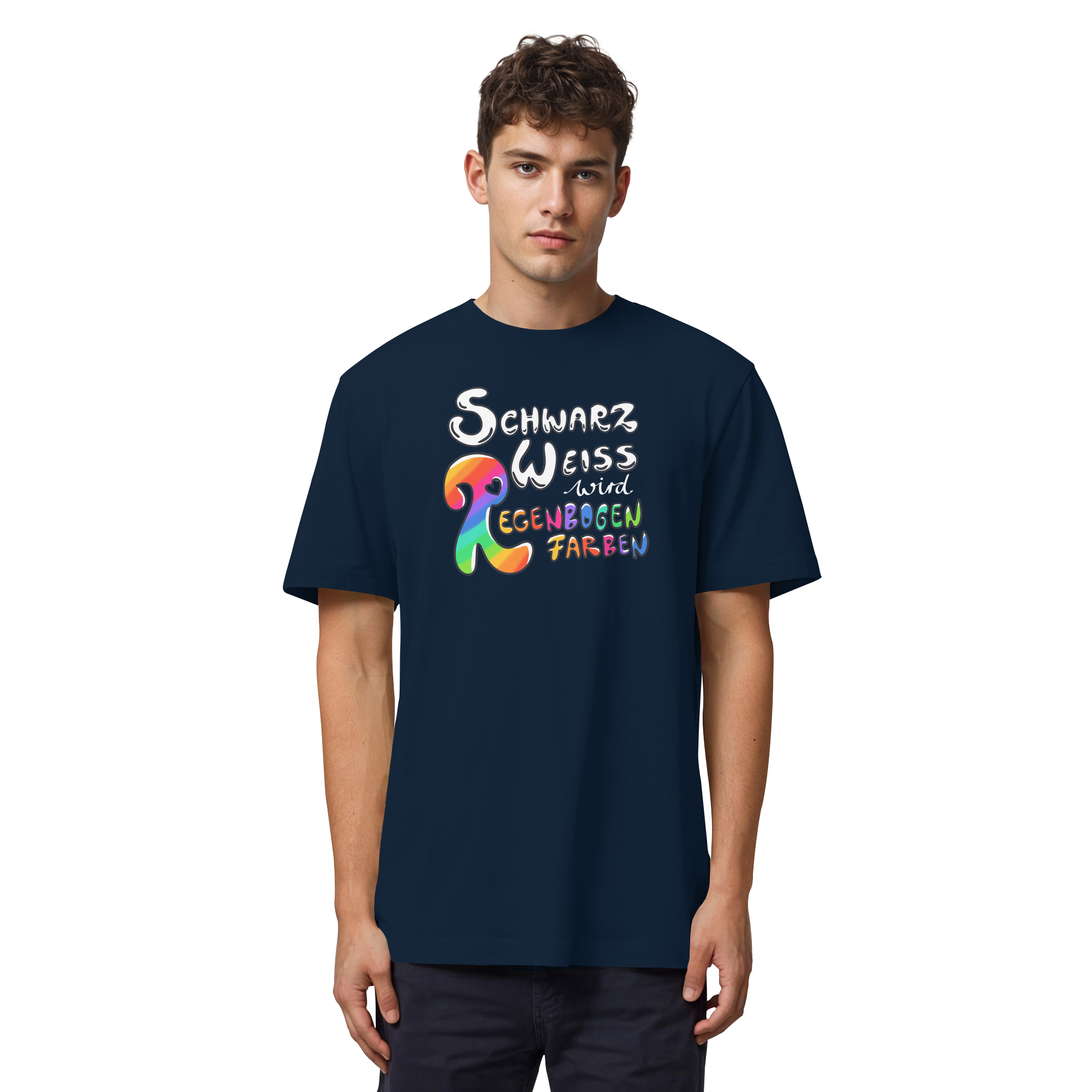Schwarz Weiß wird Regenbogen Farben Frontprint (dunkel) - Organic Heavy T-Shirt