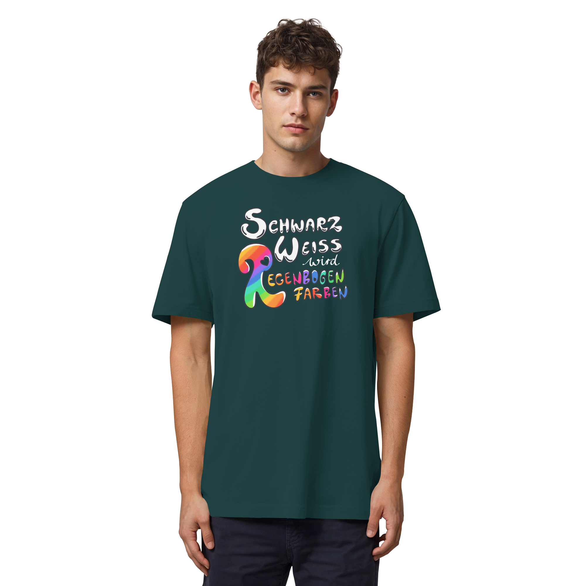 Schwarz Weiß wird Regenbogen Farben Frontprint (dunkel) - Organic Heavy T-Shirt