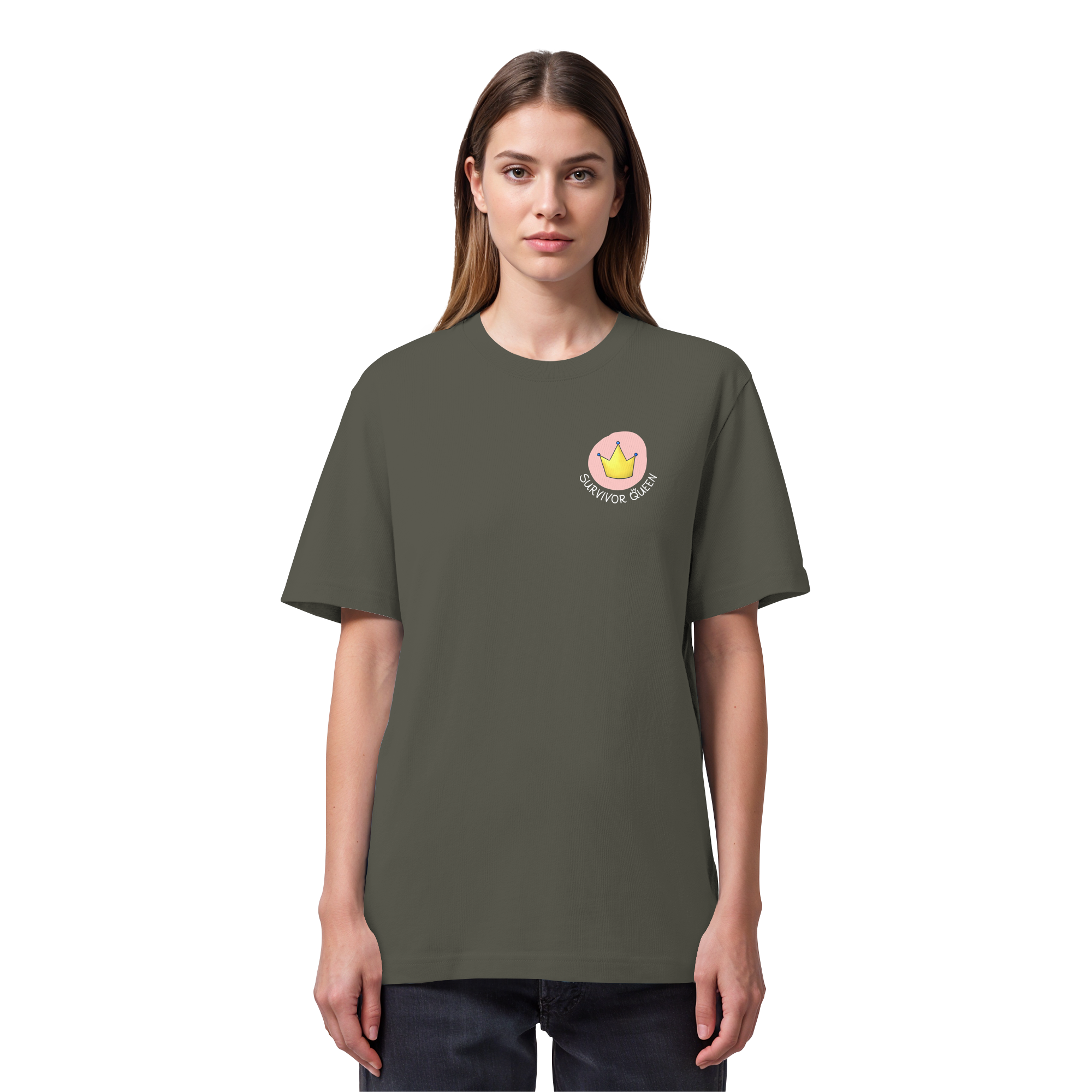 Survivor Queens Logo mit "Mein Körper gehört mir" Backprint (dunkel) - Organic Heavy T-Shirt