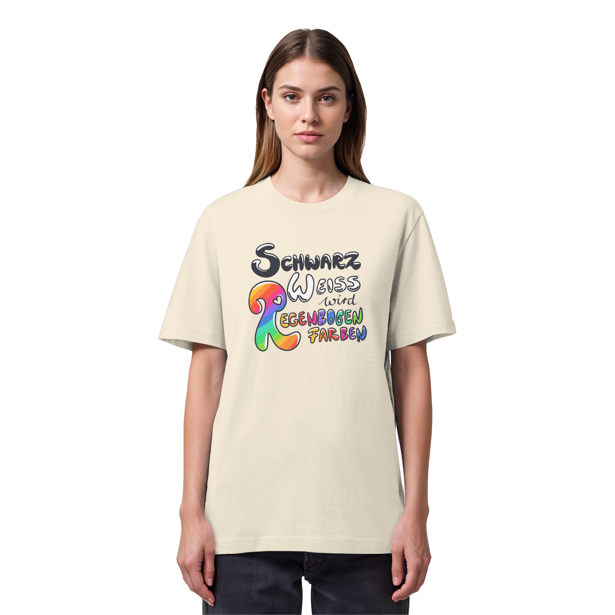 Schwarz Weiß wird Regenbogen Farben Frontprint (hell) - Organic Heavy T-Shirt