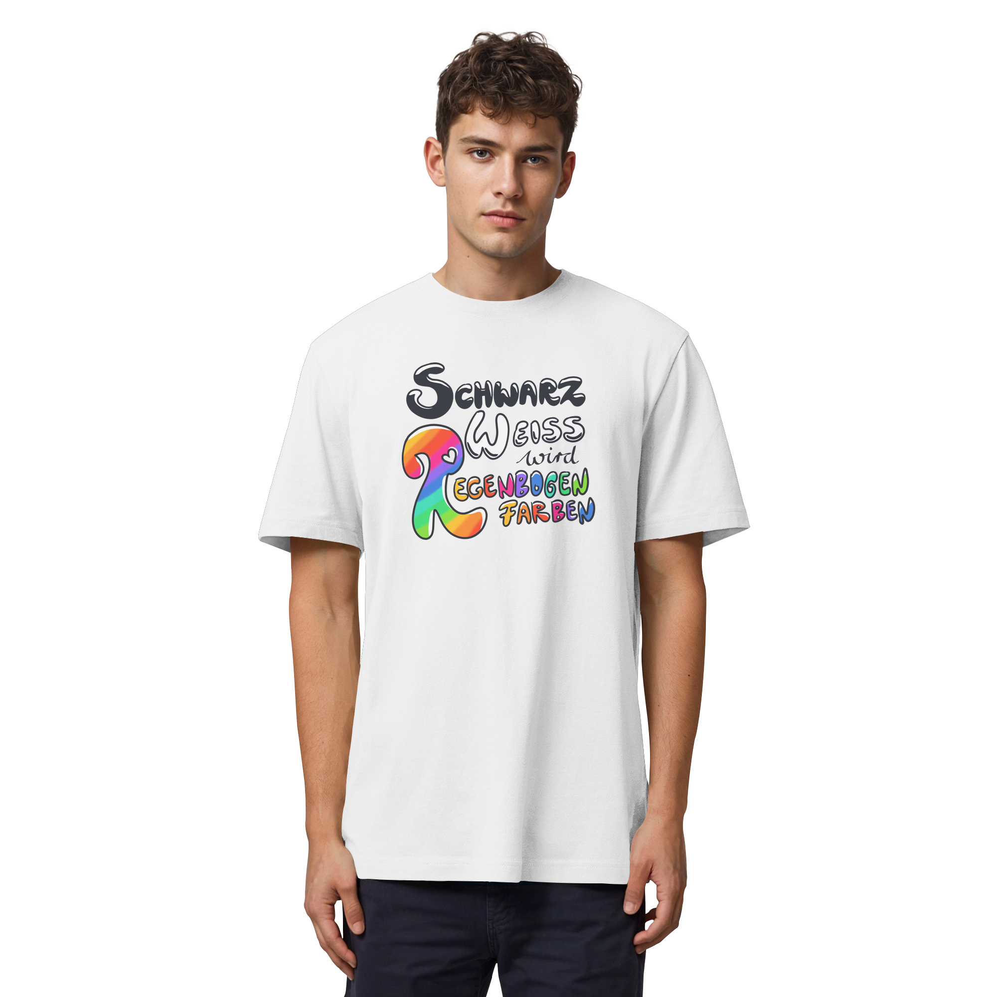 Schwarz Weiß wird Regenbogen Farben Frontprint (hell) - Organic Heavy T-Shirt