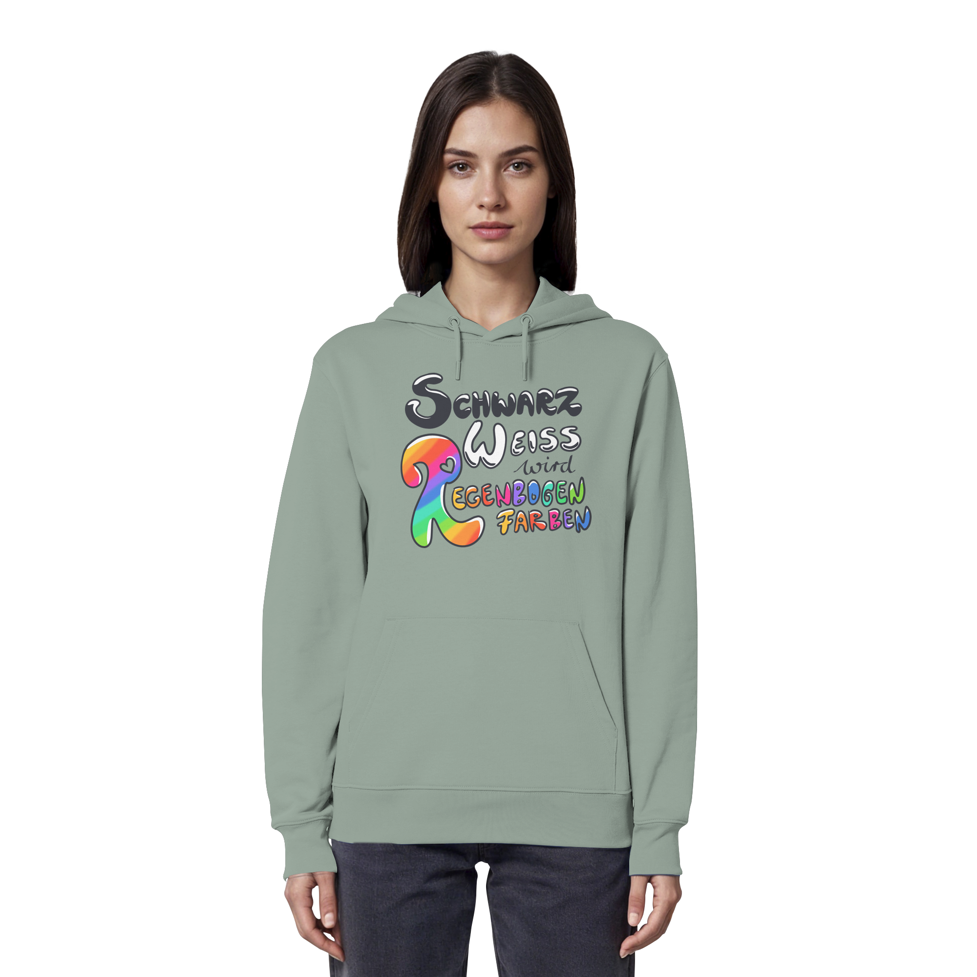 Schwarz Weiß wird Regenbogen Farben Frontprint (hell) - Organic Hoodie