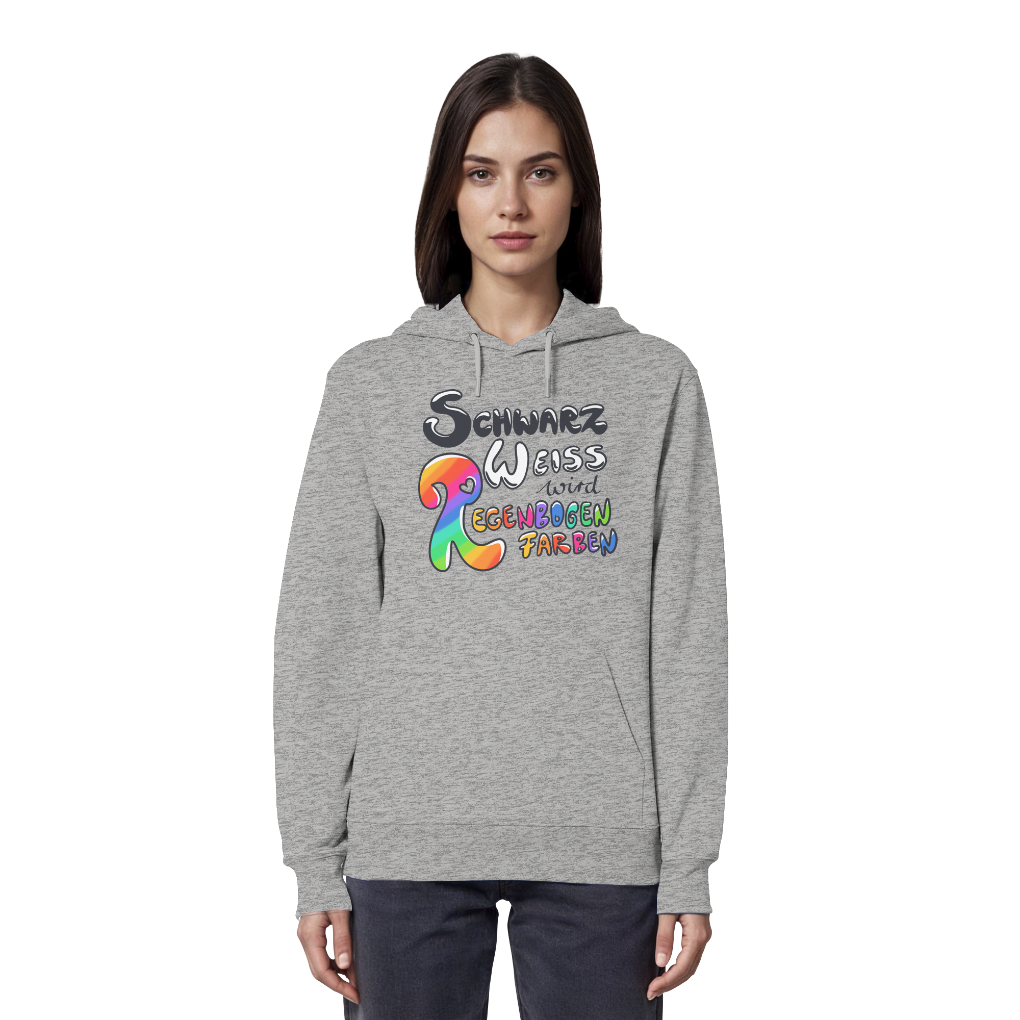 Schwarz Weiß wird Regenbogen Farben Frontprint (hell) - Organic Hoodie