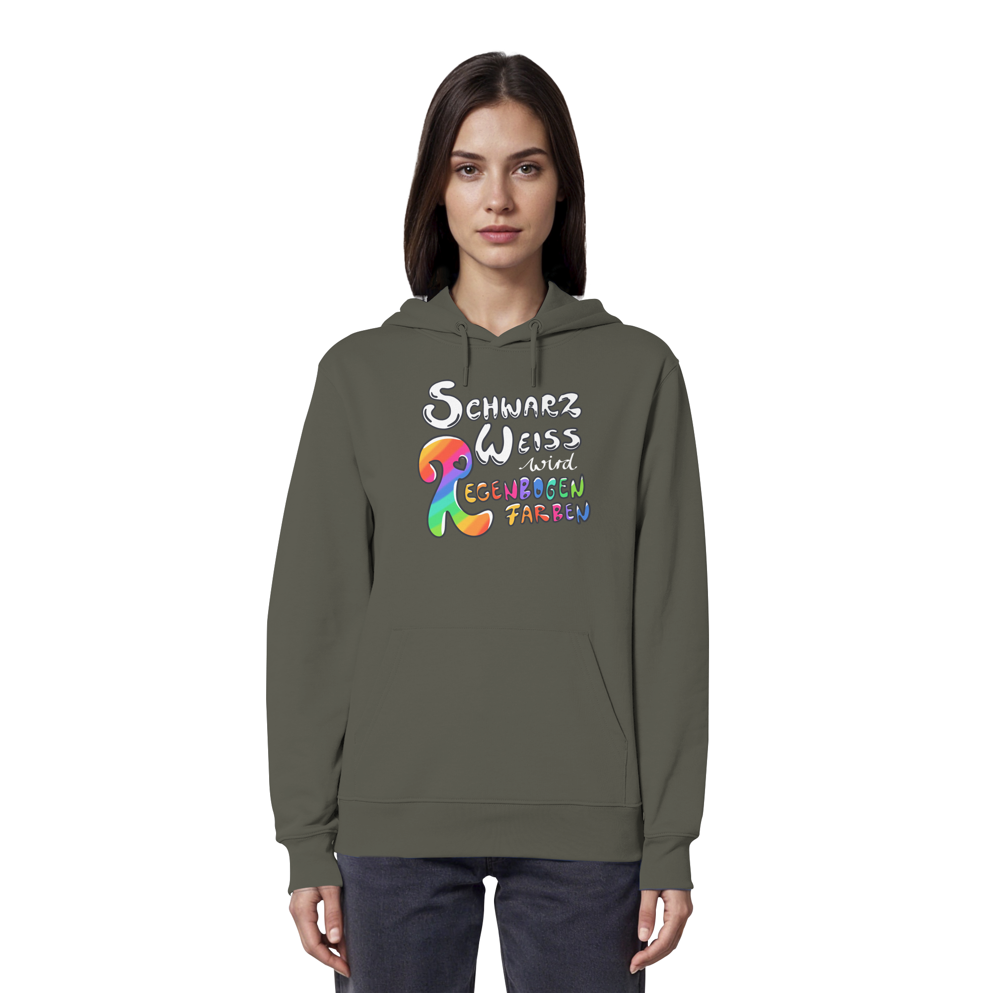 Schwarz Weiß wird Regenbogen Farben Frontprint (dunkel) - Organic Hoodie