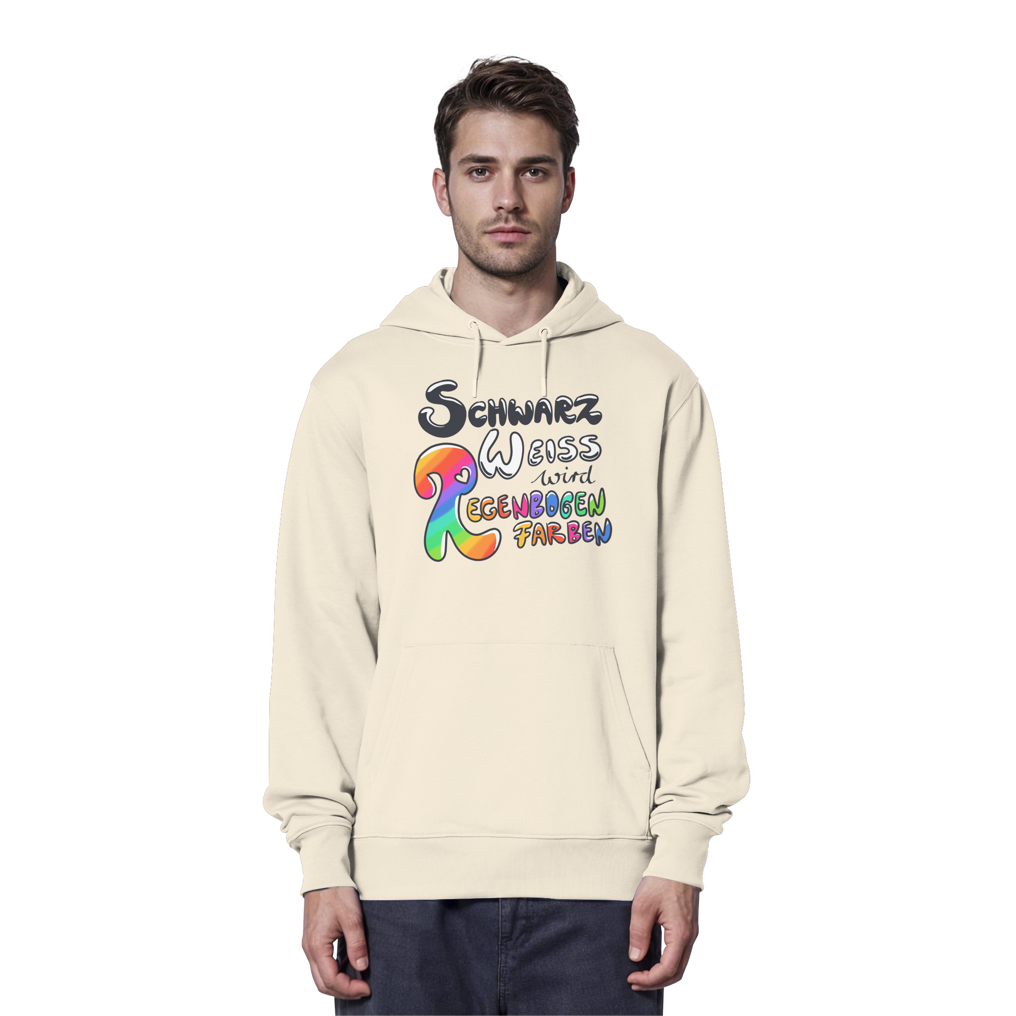 Schwarz Weiß wird Regenbogen Farben Frontprint (hell) - Organic Hoodie