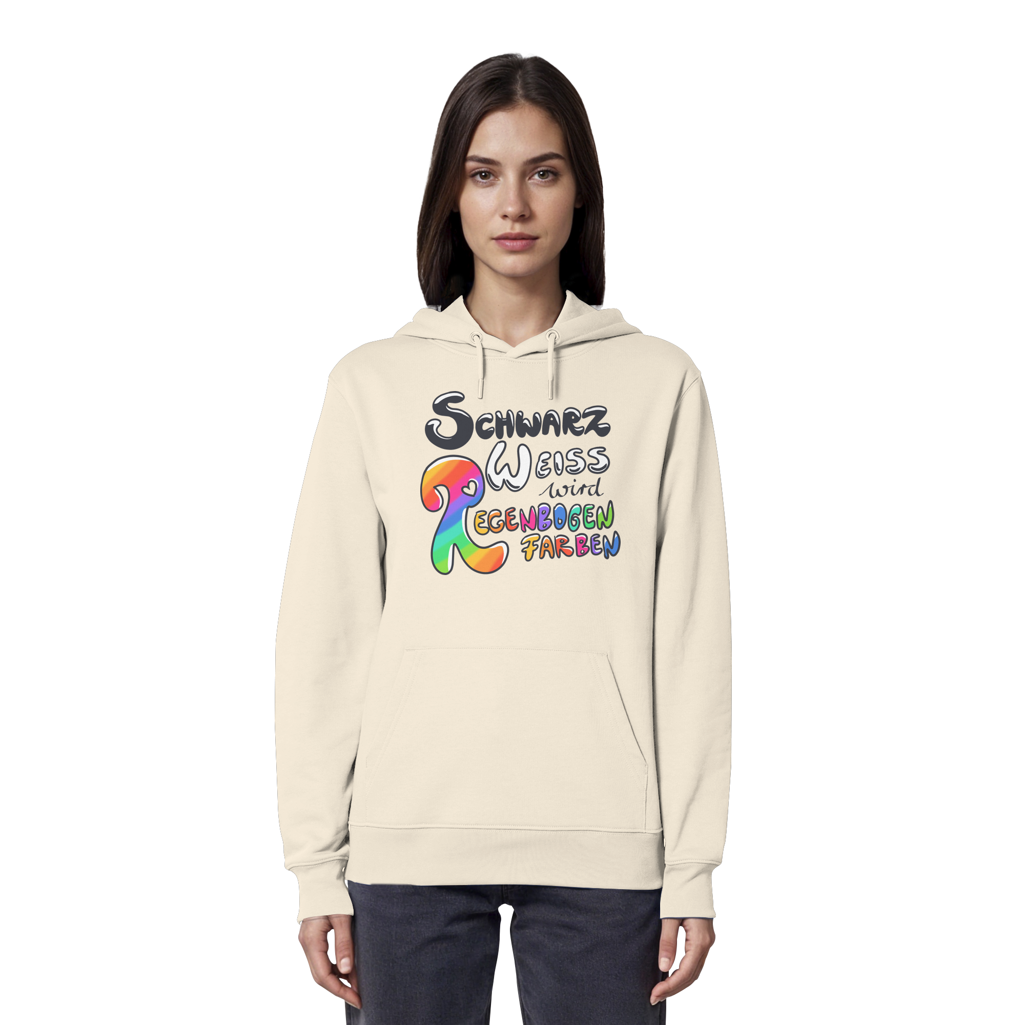 Schwarz Weiß wird Regenbogen Farben Frontprint (hell) - Organic Hoodie