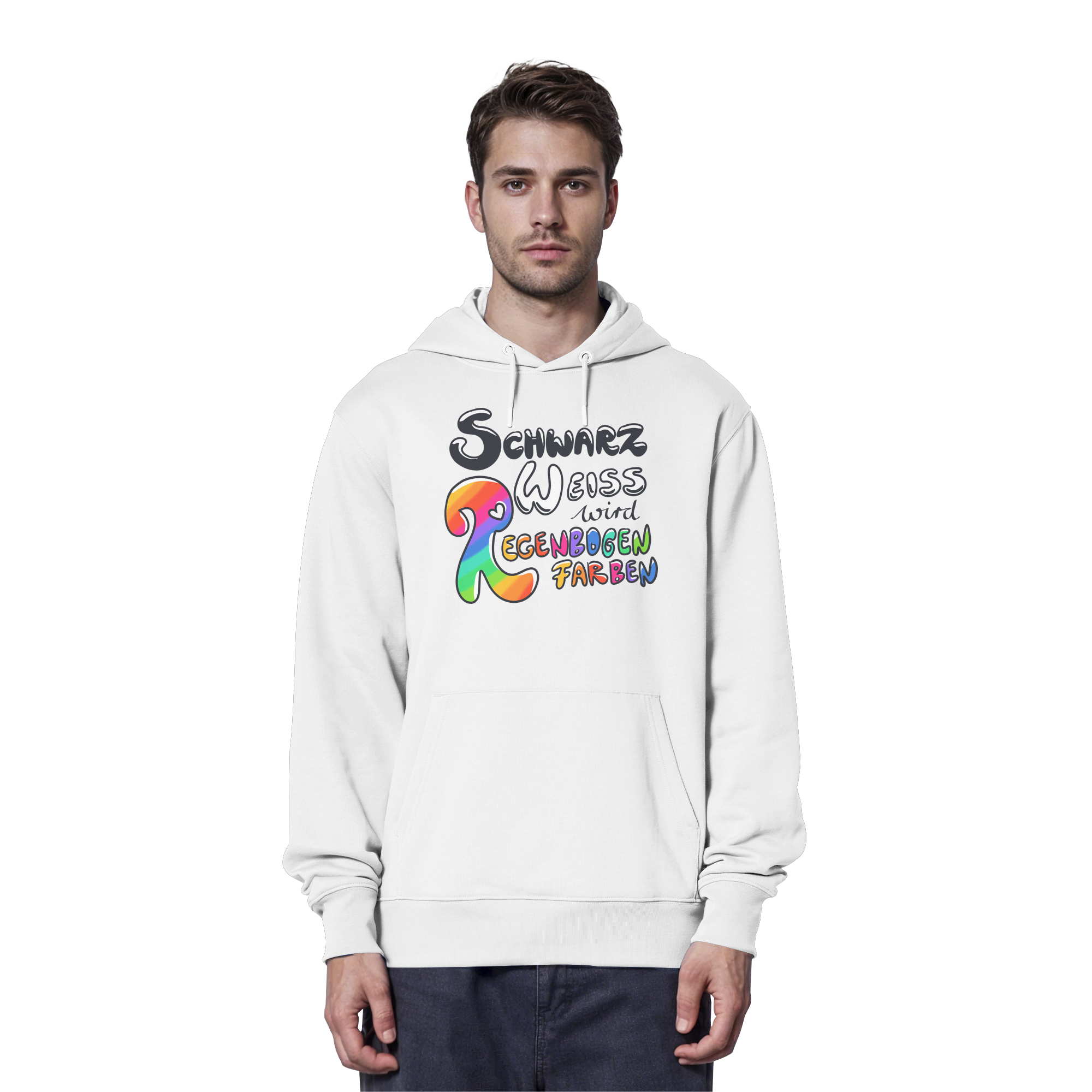 Schwarz Weiß wird Regenbogen Farben Frontprint (hell) - Organic Hoodie