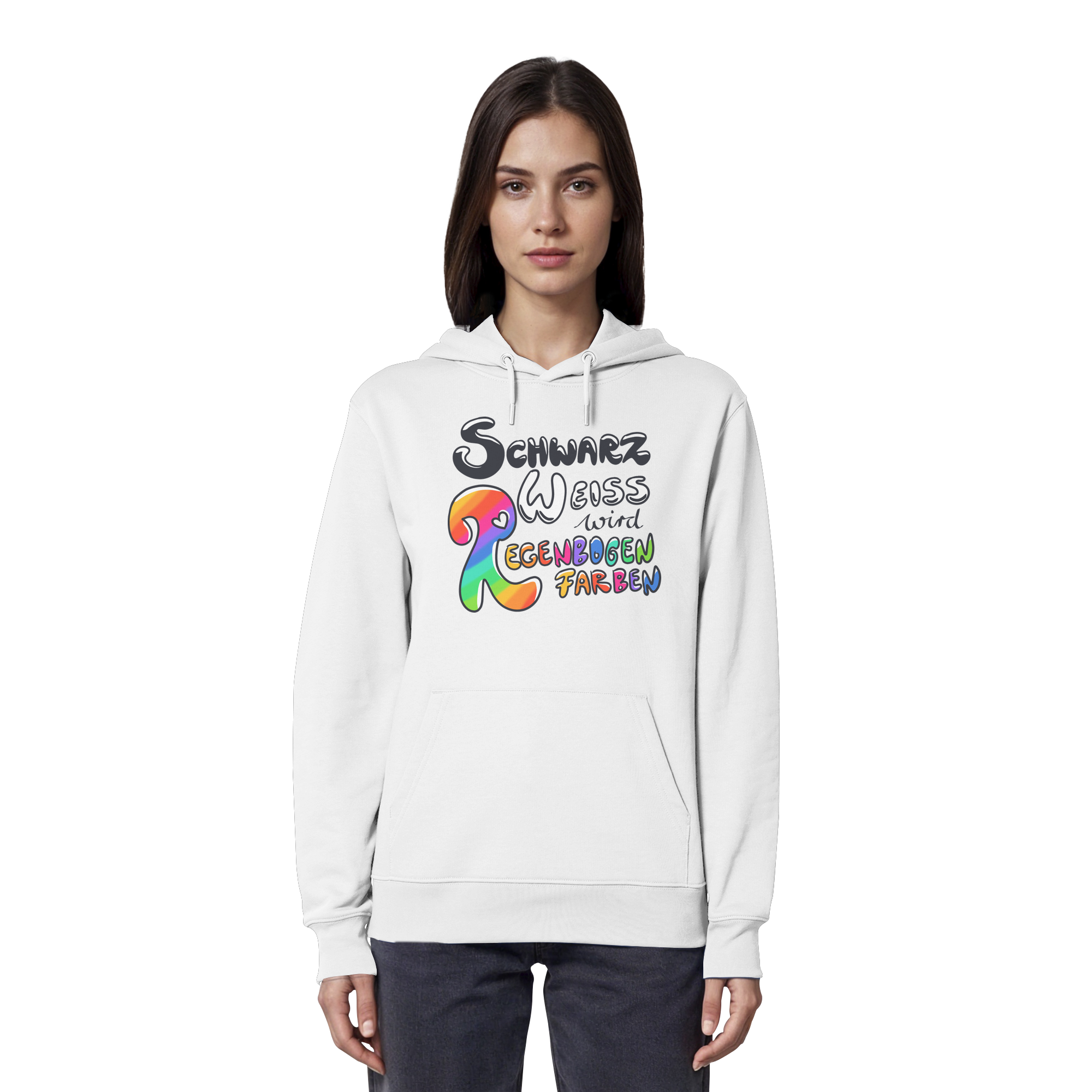 Schwarz Weiß wird Regenbogen Farben Frontprint (hell) - Organic Hoodie