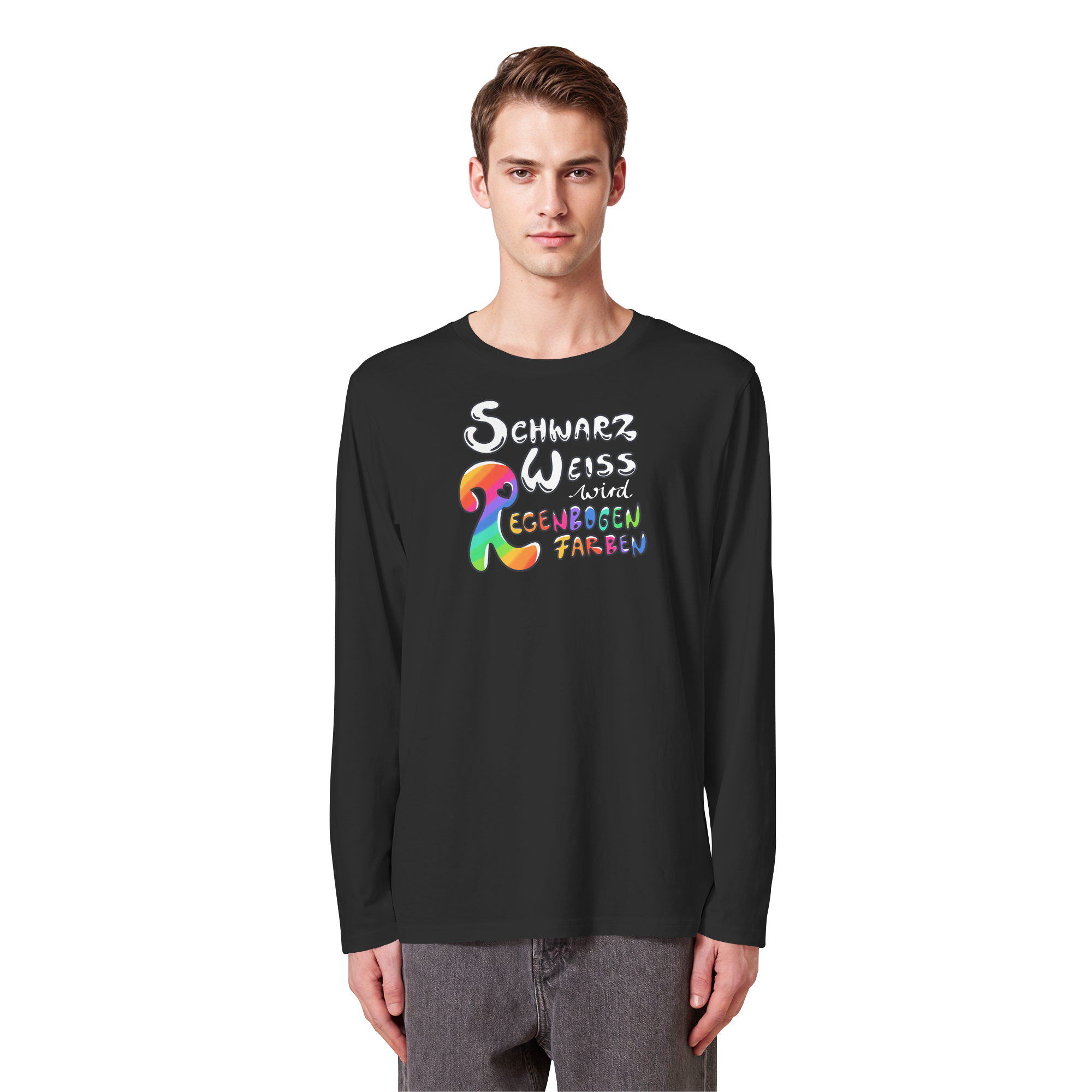 Schwarz Weiß wird Regenbogen Farben Frontprint (dunkel) - Organic Longsleeve T-Shirt