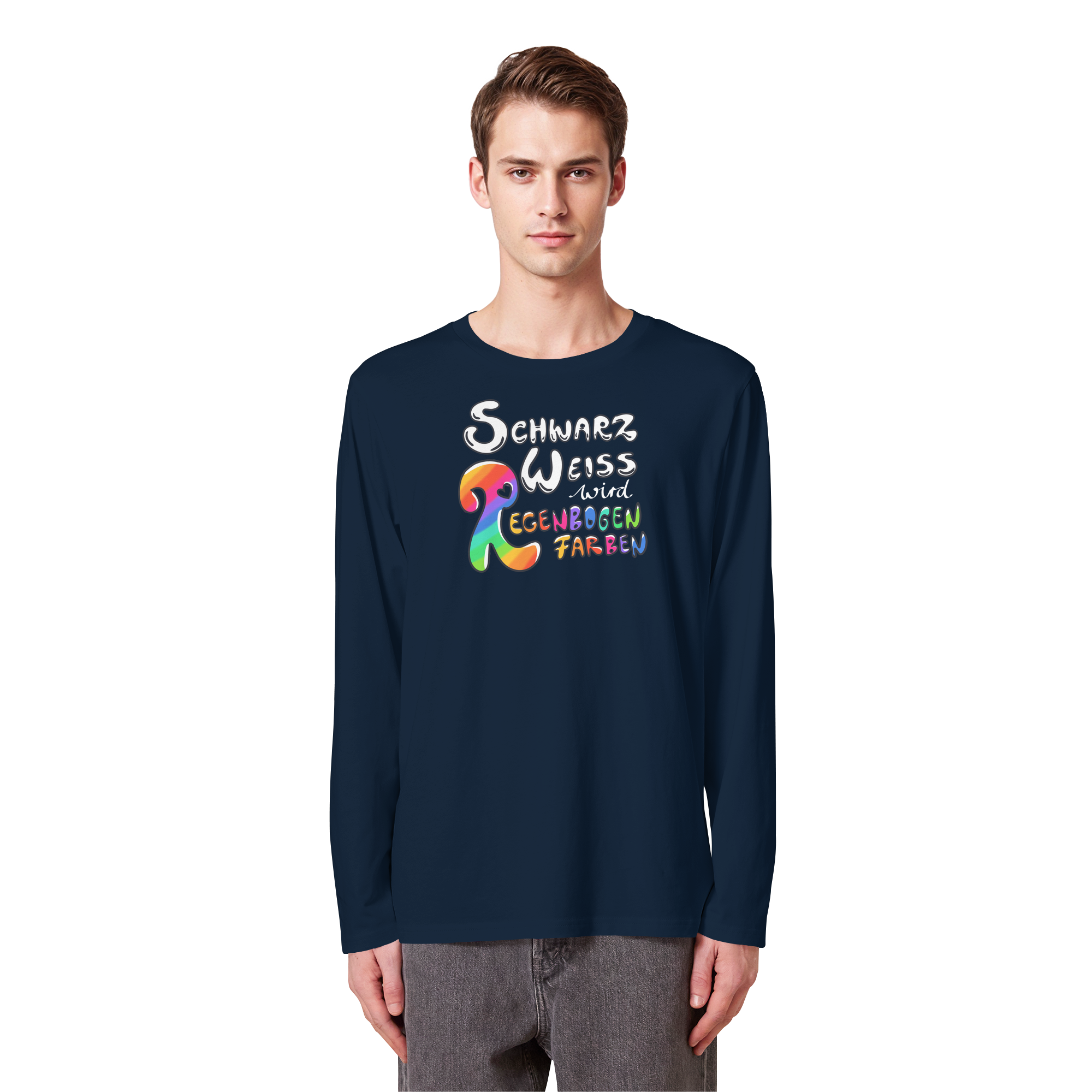 Schwarz Weiß wird Regenbogen Farben Frontprint (dunkel) - Organic Longsleeve T-Shirt
