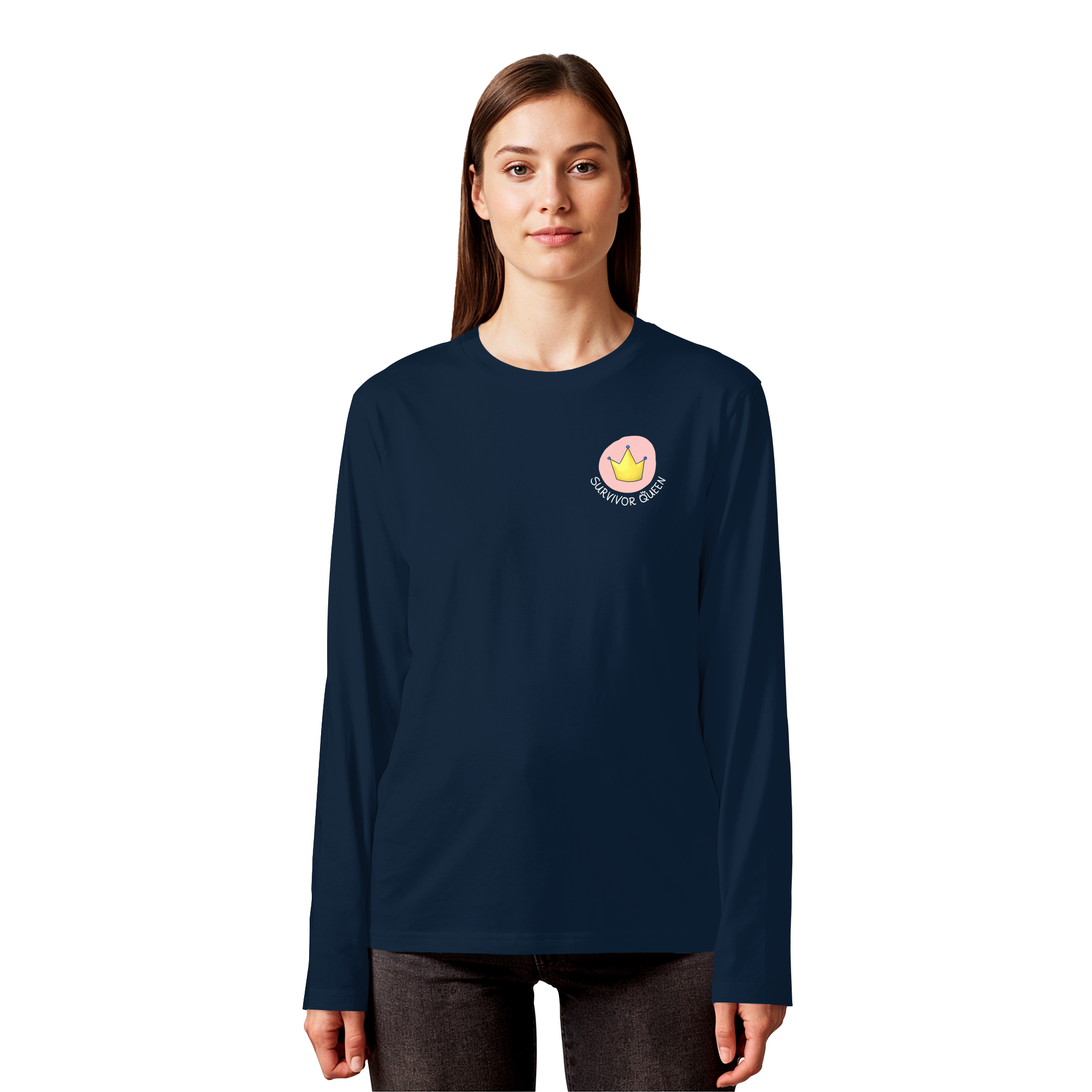 Survivor Queens Logo mit "Mein Körper gehört mir" Backprint (dunkel) - Organic Longsleeve T-Shirt