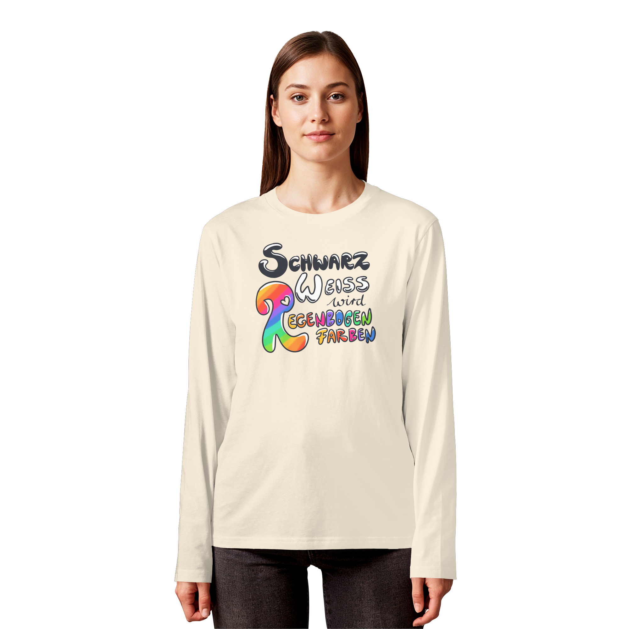 Schwarz Weiß wird Regenbogen Farben Frontprint (hell) - Organic Longsleeve T-Shirt