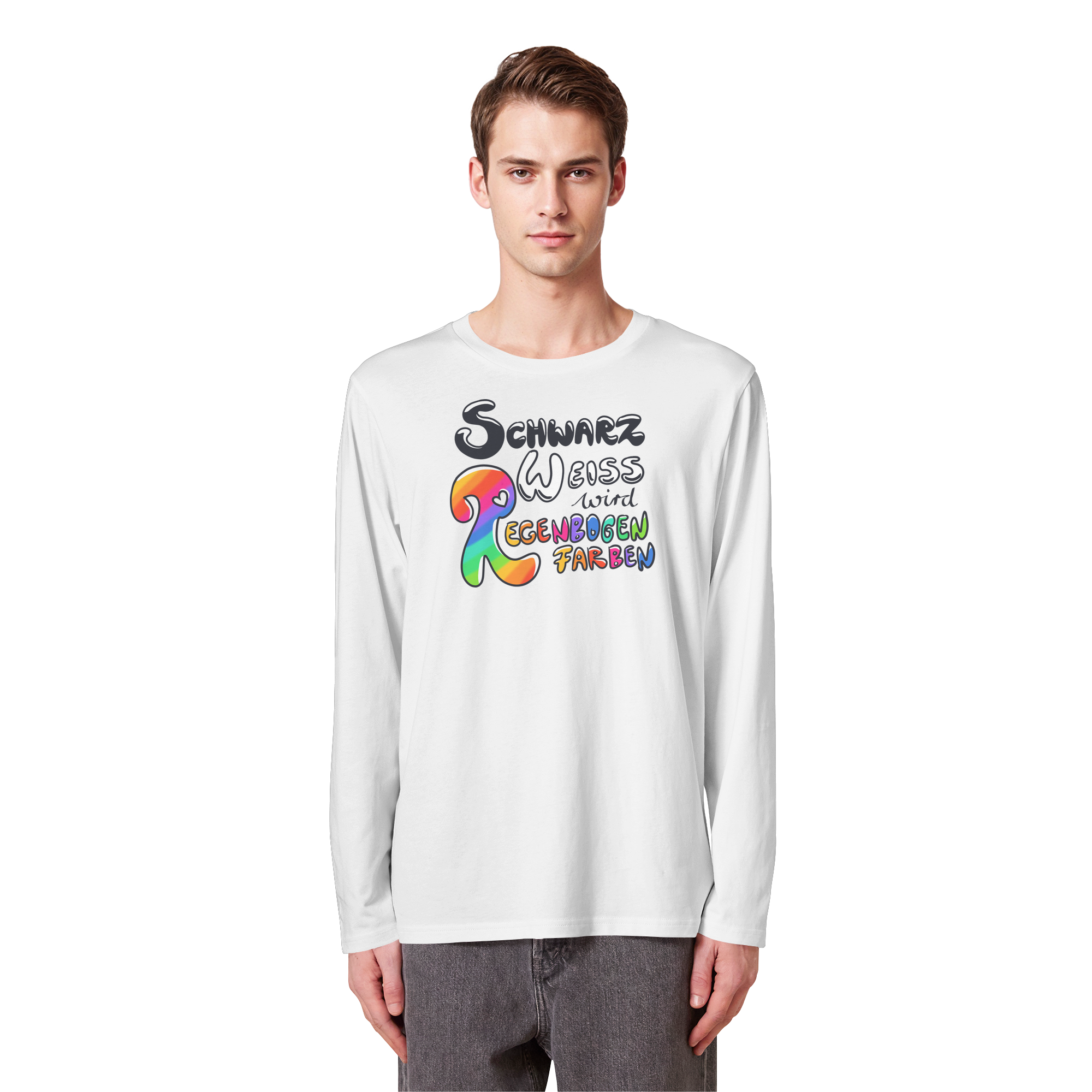 Schwarz Weiß wird Regenbogen Farben Frontprint (hell) - Organic Longsleeve T-Shirt