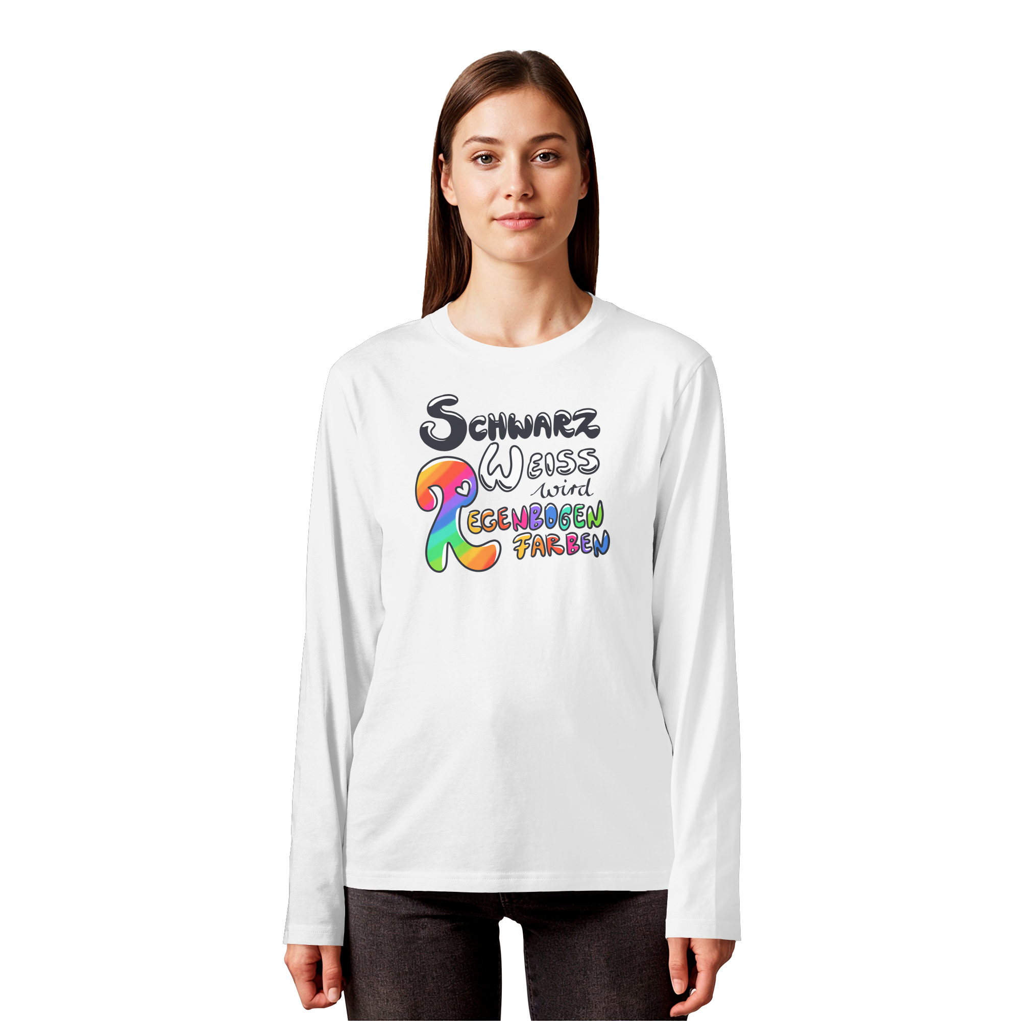 Schwarz Weiß wird Regenbogen Farben Frontprint (hell) - Organic Longsleeve T-Shirt