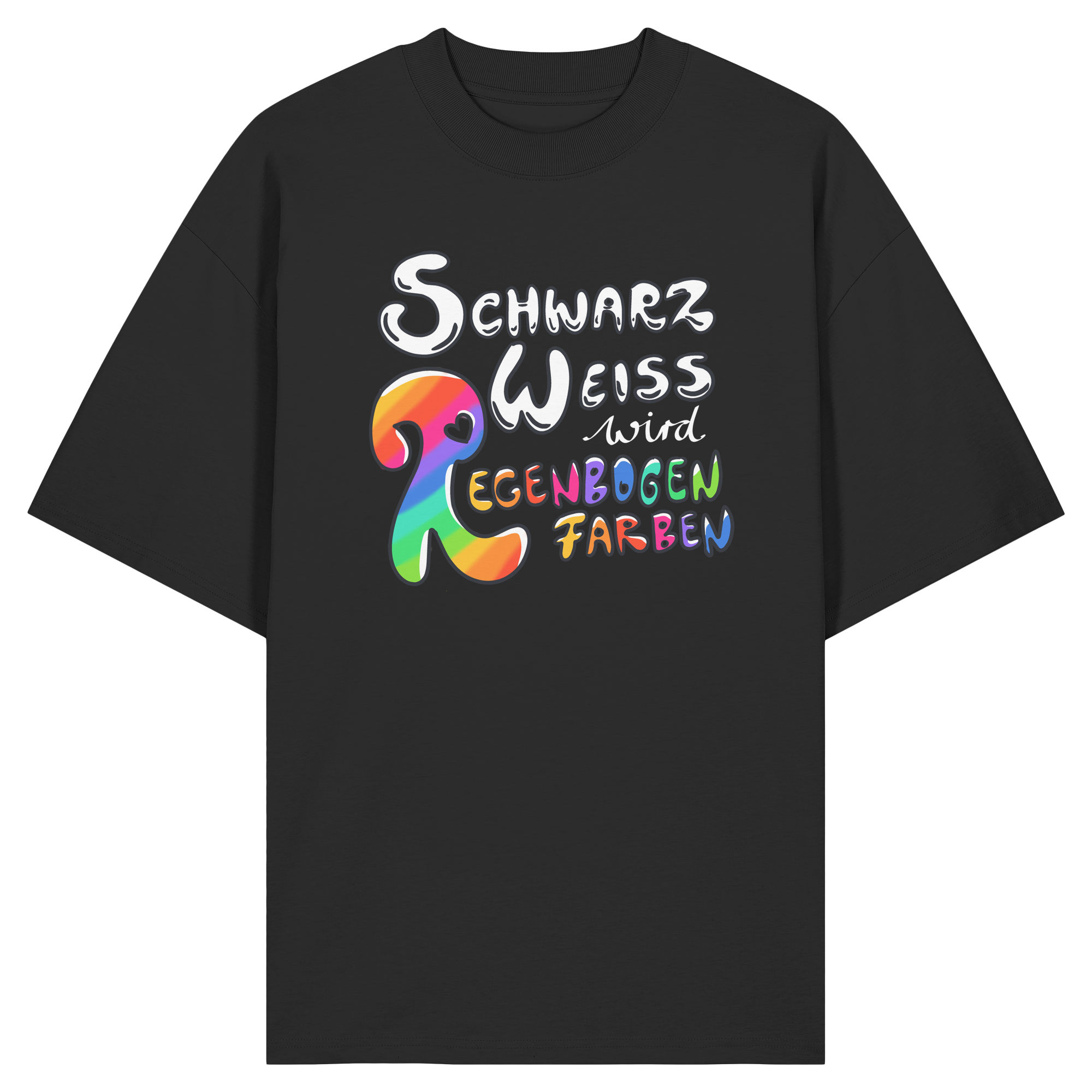 Schwarz Weiß wird Regenbogen Farben Frontprint (dunkel) - Organic Oversize Shirt