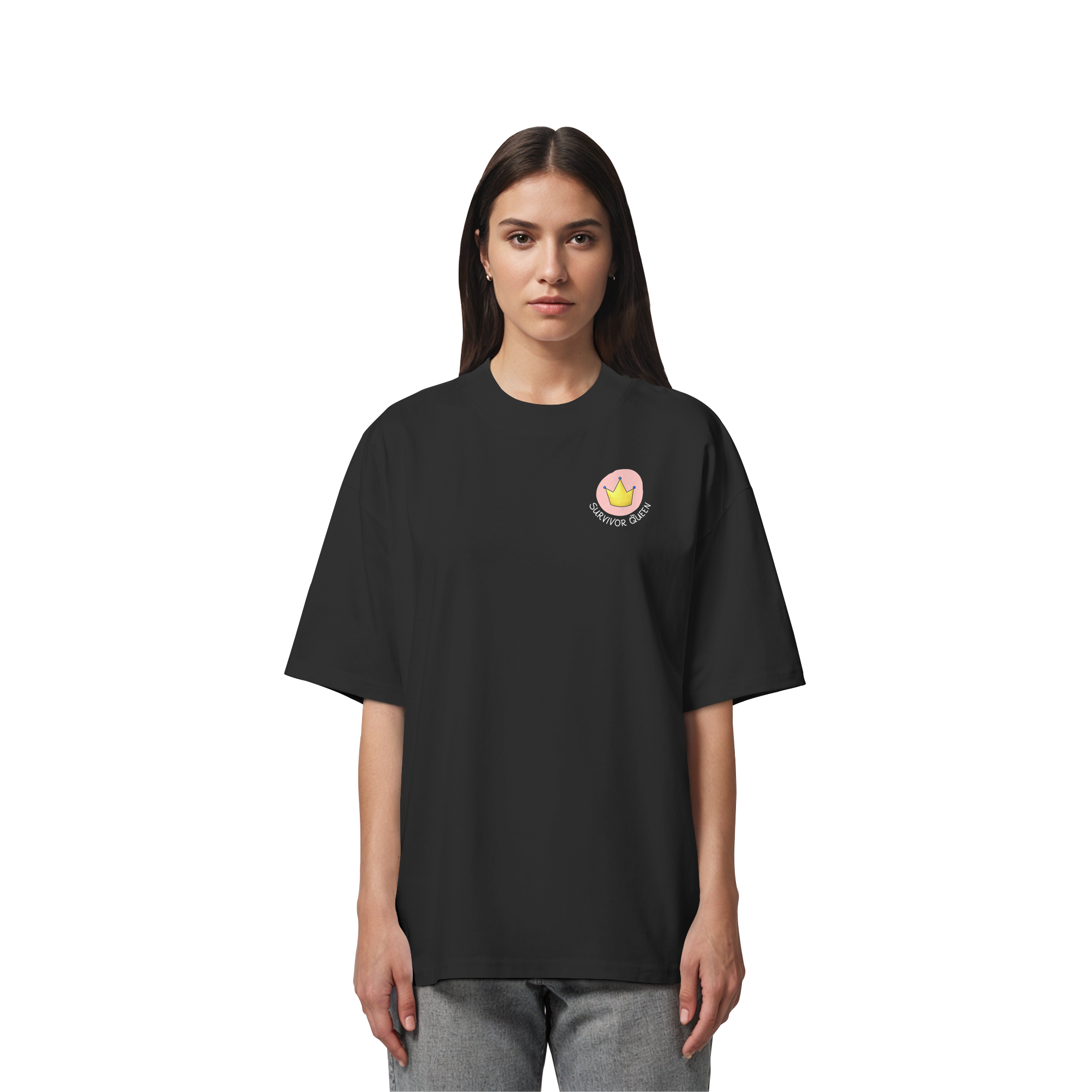 Survivor Queens Logo "Schriftzug Edition" mit Seelenmännchen "Selbstverteidigung Edition" Backprint (dunkel) - Organic Oversize Shirt
