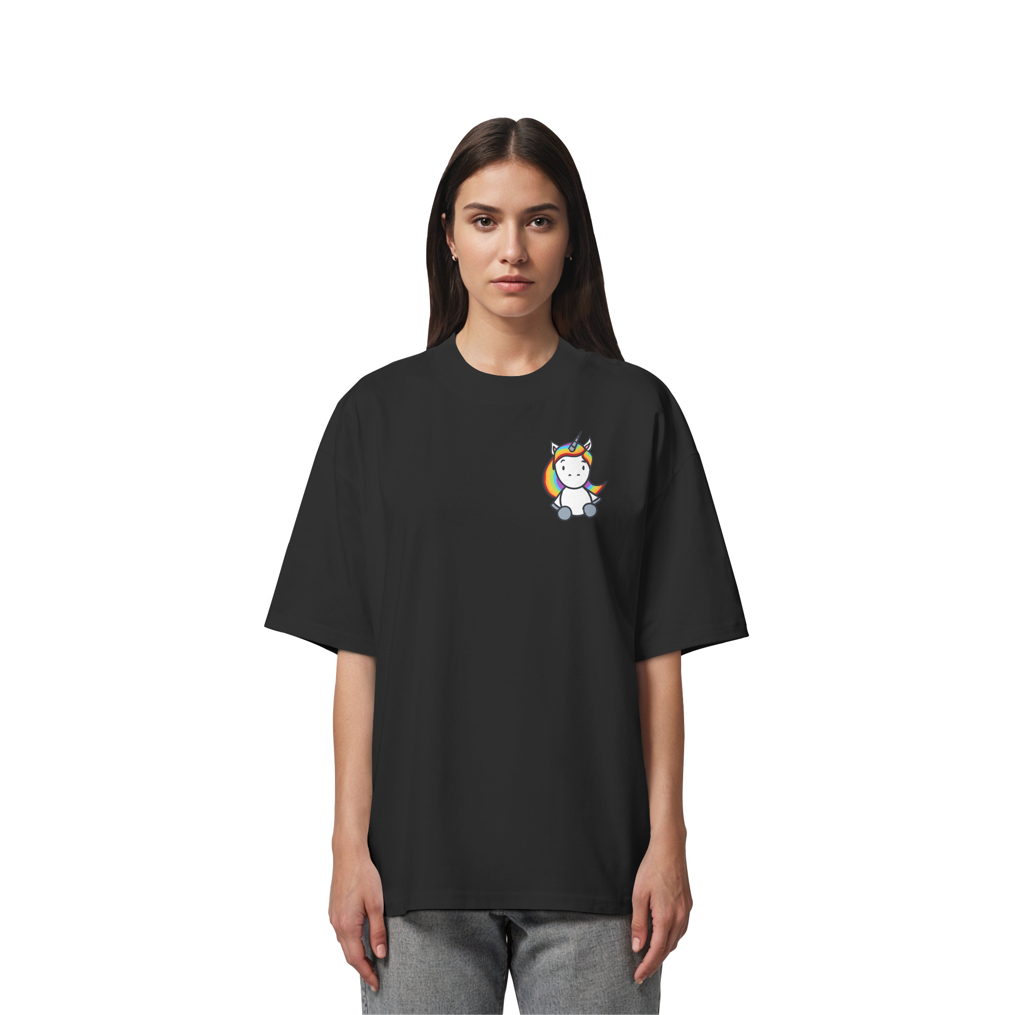 Schwarz Weiß wird Regenbogen Farben Backprint (dunkel) - Organic Oversize Shirt