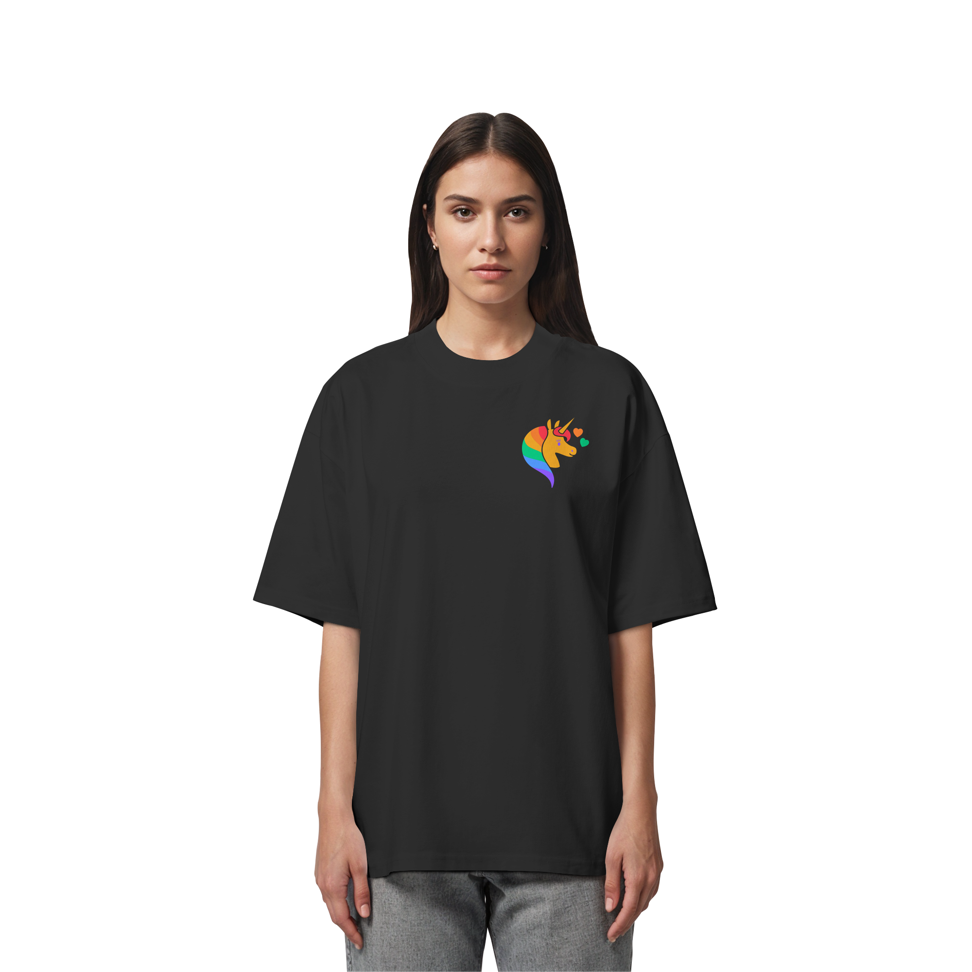 Regenbogen Einhorn mit Herzen - Organic Oversize Shirt