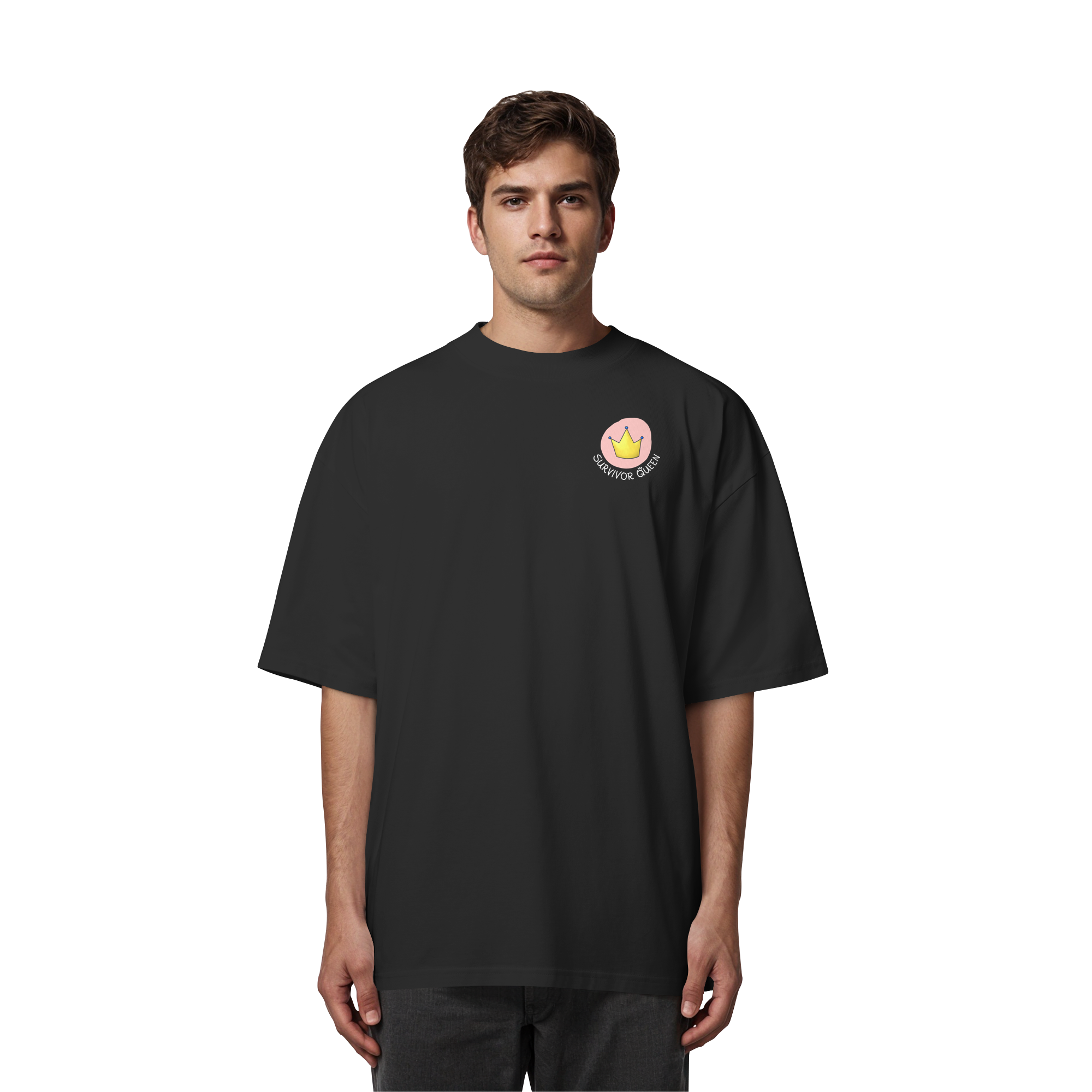 Survivor Queens Logo "Schriftzug Edition" mit Seelenmännchen "Selbstverteidigung Edition" Backprint (dunkel) - Organic Oversize Shirt