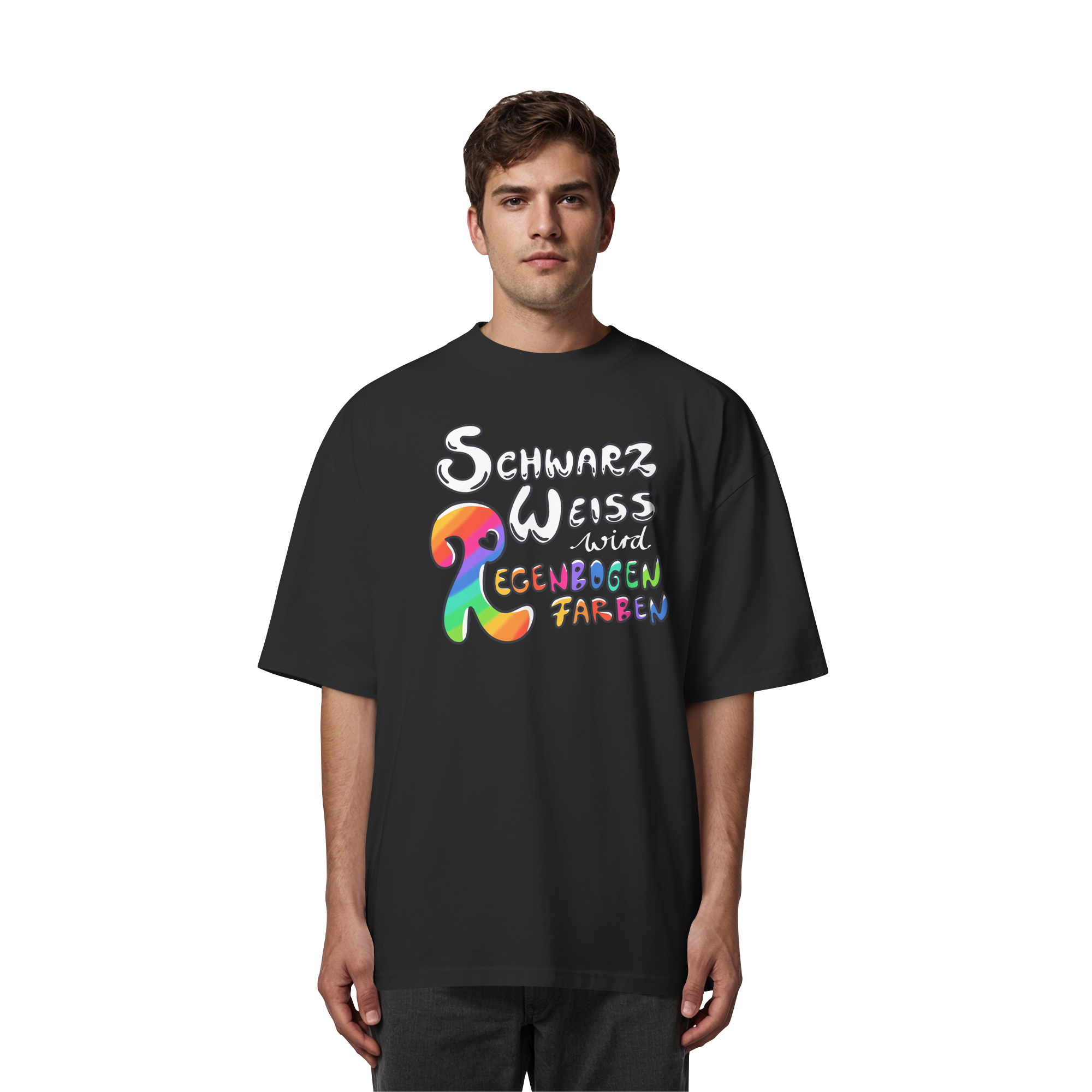 Schwarz Weiß wird Regenbogen Farben Frontprint (dunkel) - Organic Oversize Shirt