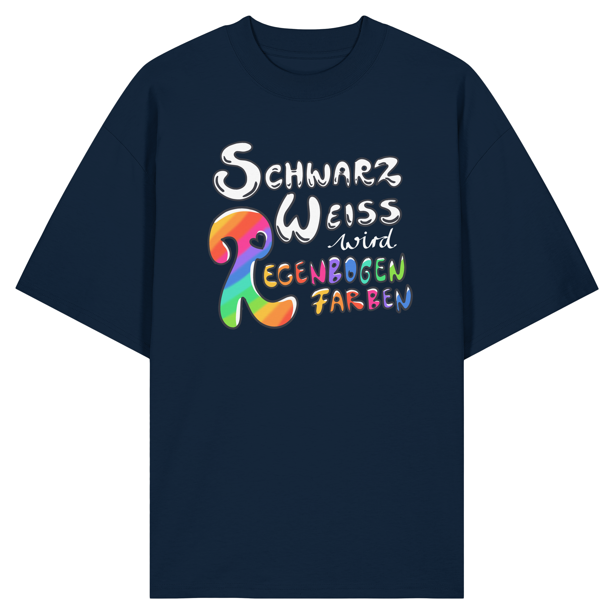 Schwarz Weiß wird Regenbogen Farben Frontprint (dunkel) - Organic Oversize Shirt