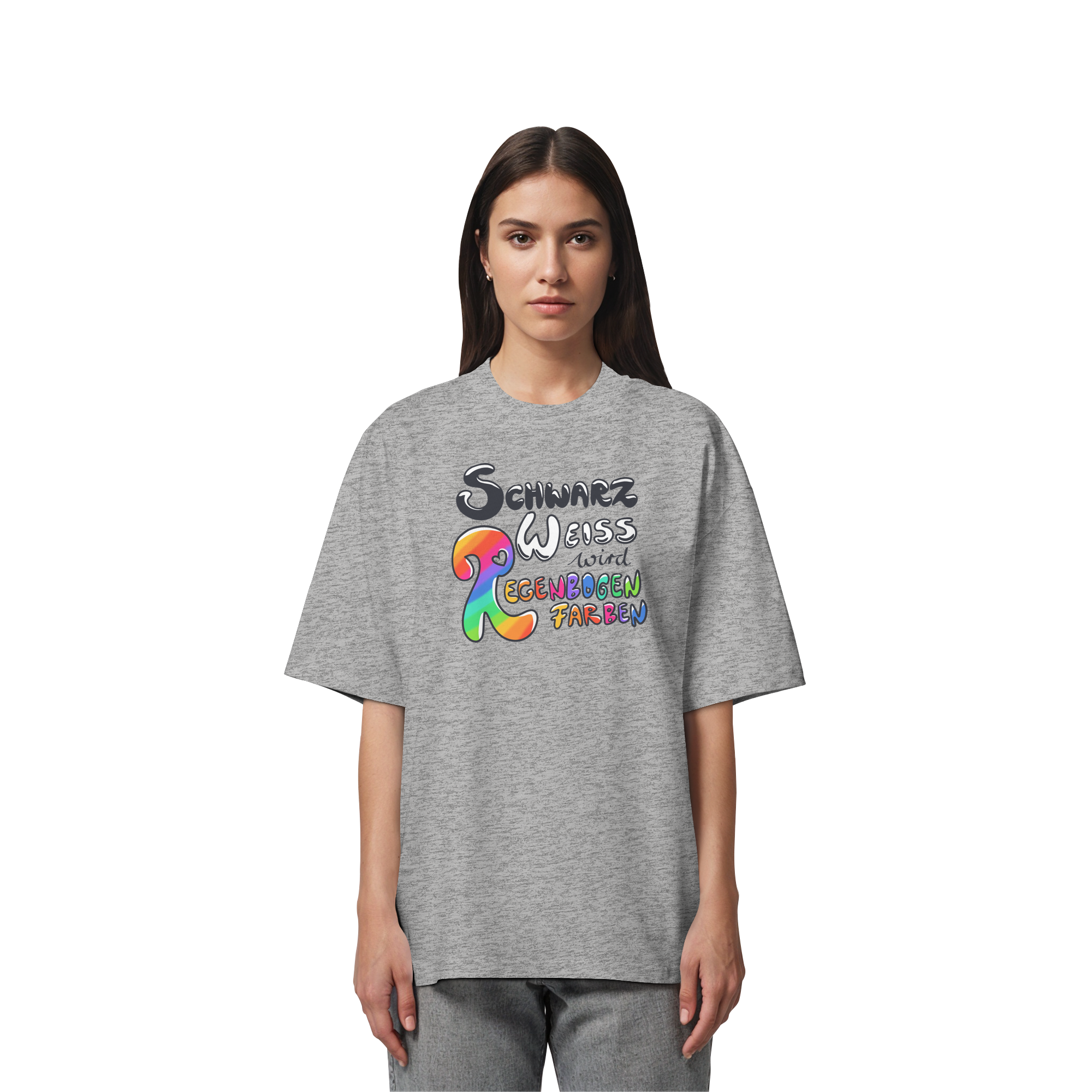 Schwarz Weiß wird Regenbogen Farben Frontprint (hell) - Organic Oversize Shirt